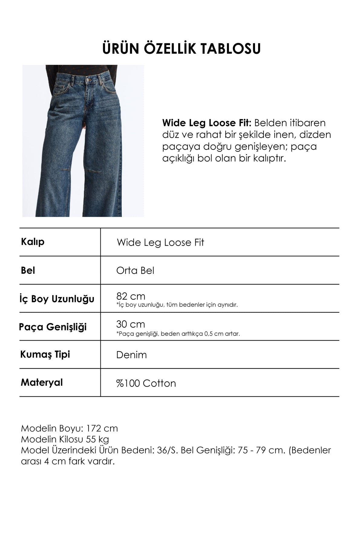 Kadın 2w6-8 Wide Leg Loose Fit Orta Bel Denim Jean