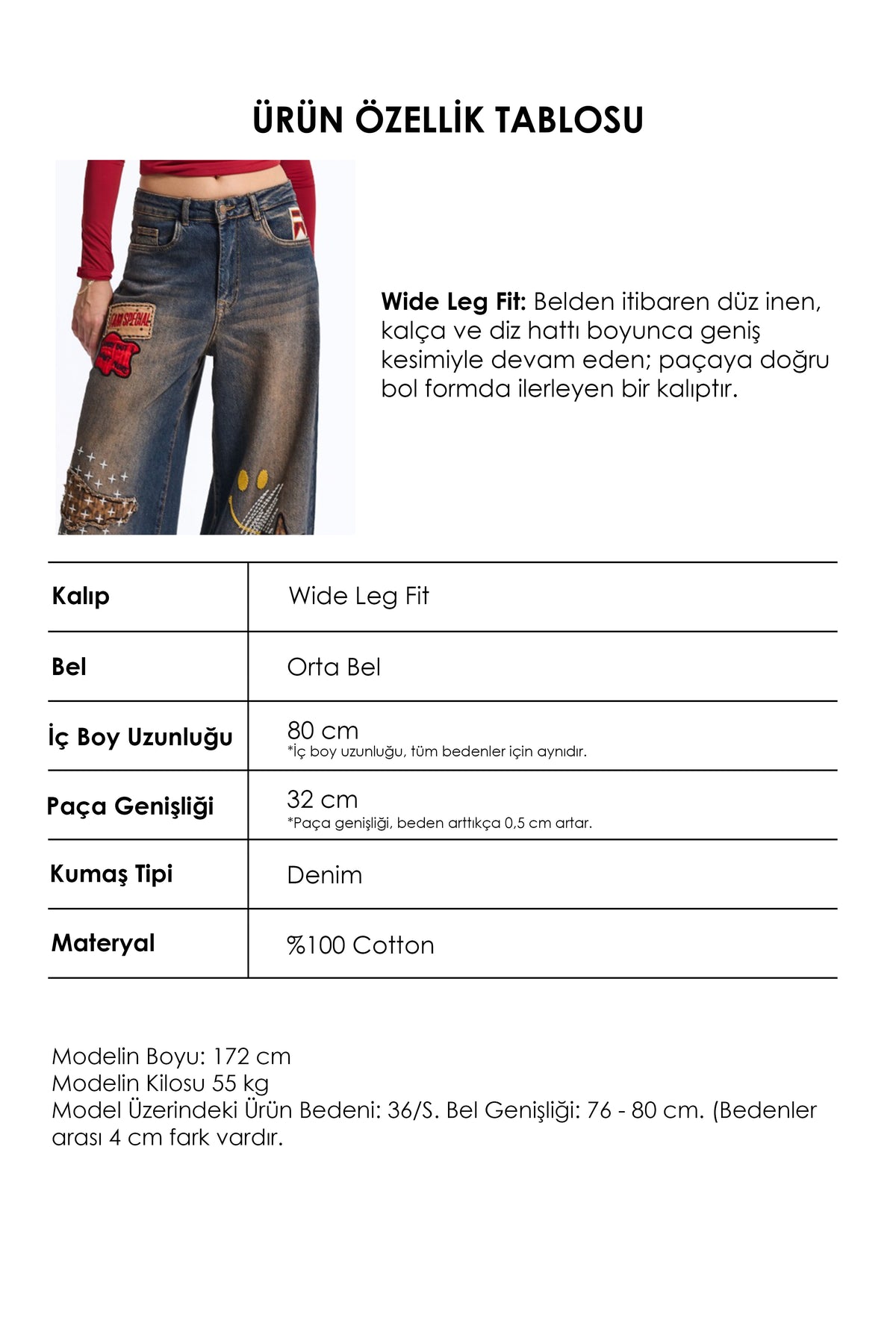 Kadın 2w6-8 Wide Leg Nakış ve Arma Detaylı Özel Tasarım Denim Jean