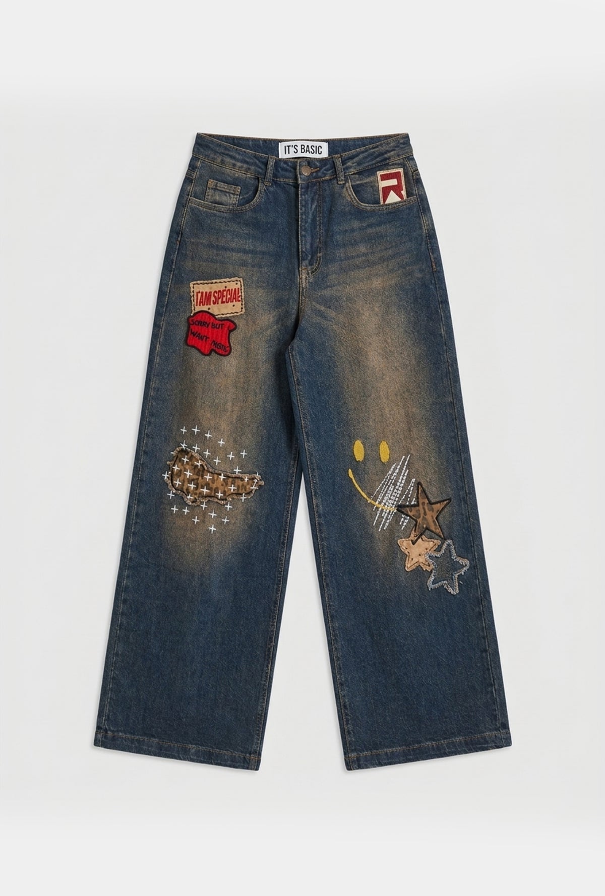 Kadın 2w6-8 Wide Leg Nakış ve Arma Detaylı Özel Tasarım Denim Jean