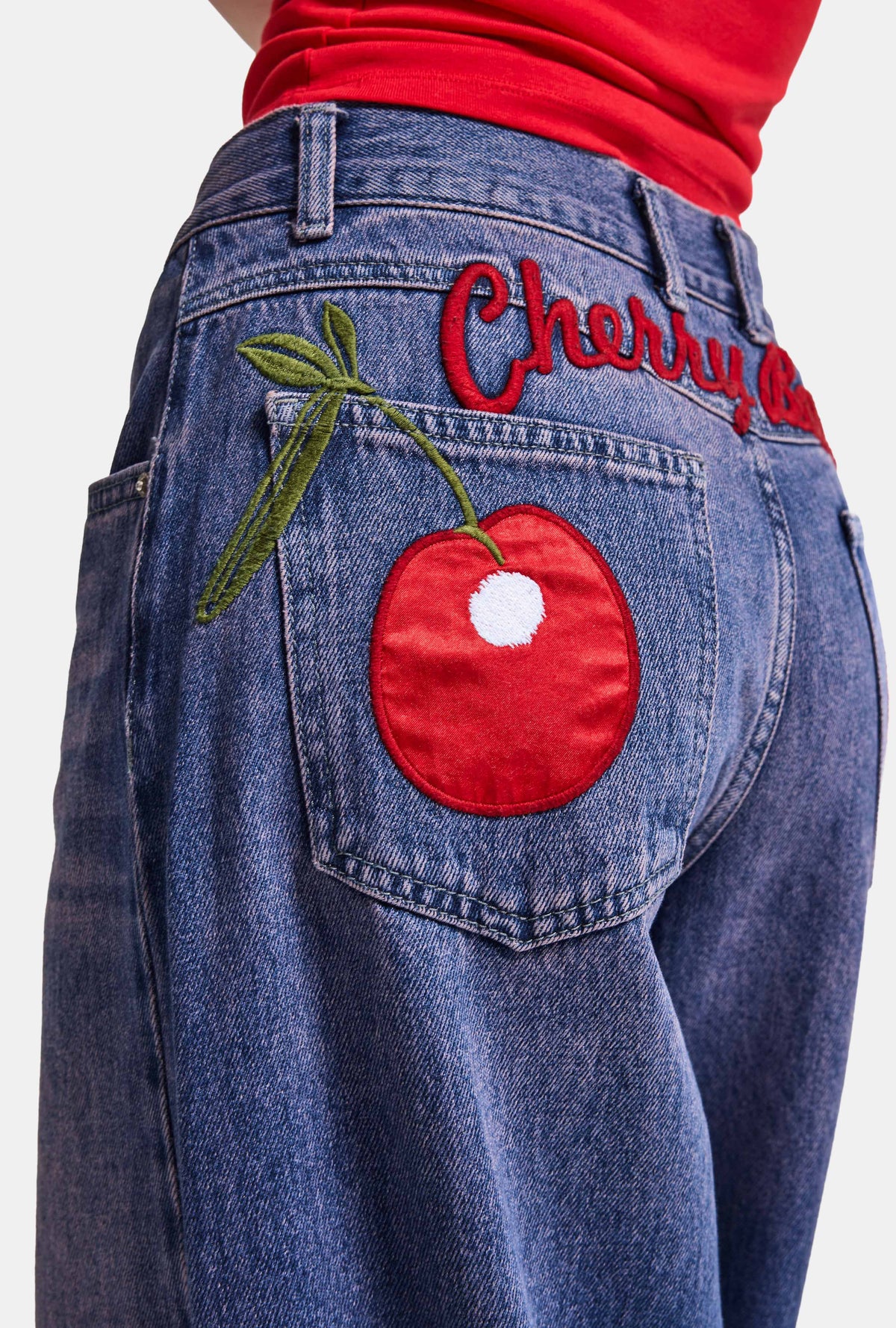 Kadın 2w6-98 Palazzo Fit Cherry Nakış Detaylı Tasarım Denim Jean