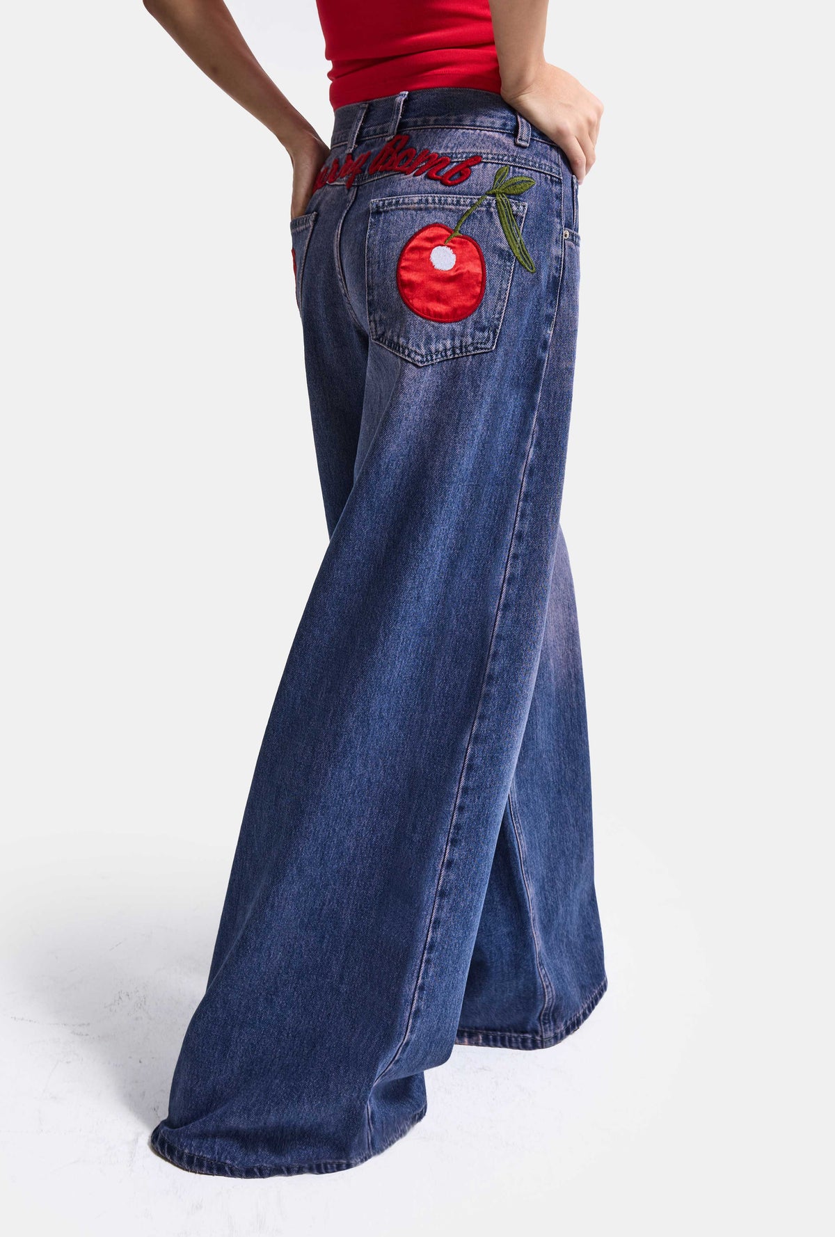 Kadın 2w6-98 Palazzo Fit Cherry Nakış Detaylı Tasarım Denim Jean