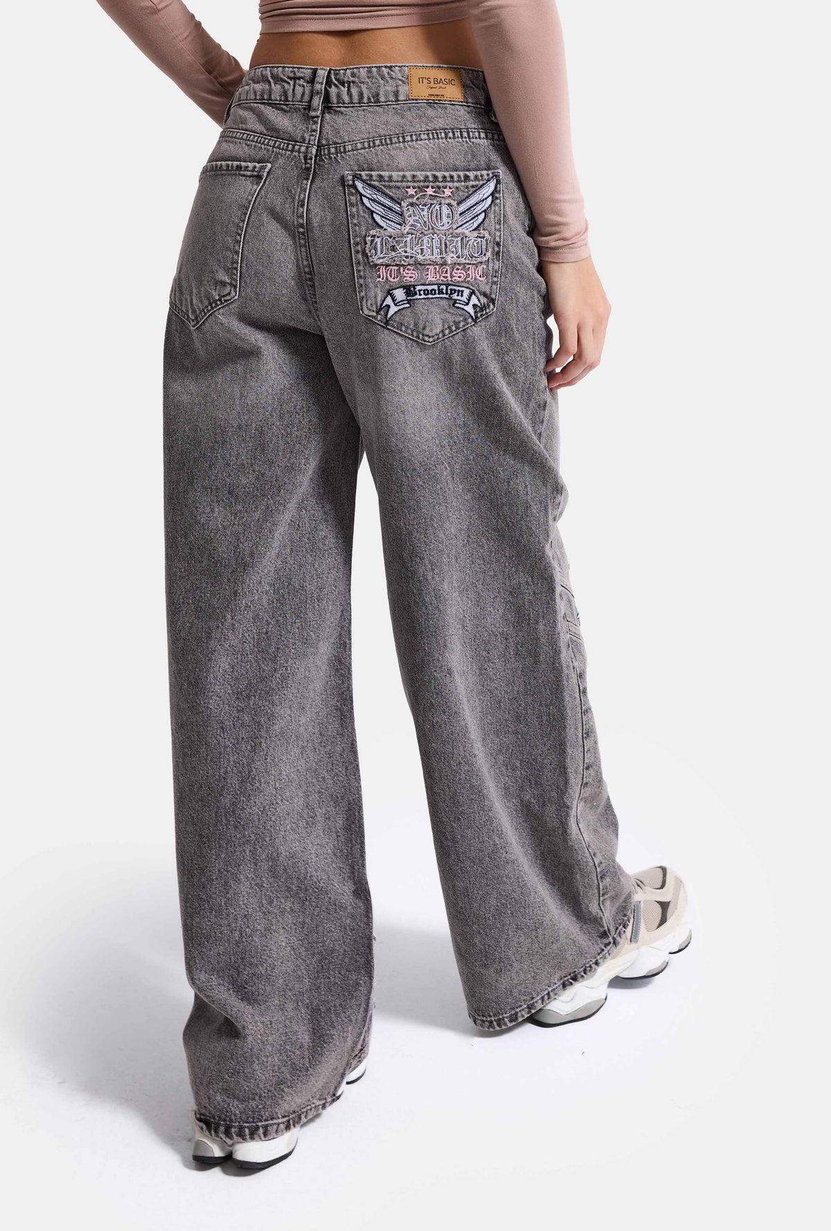 Kadın 4w6-13 Süper Baggy Nakış Tasarım Denim Jean