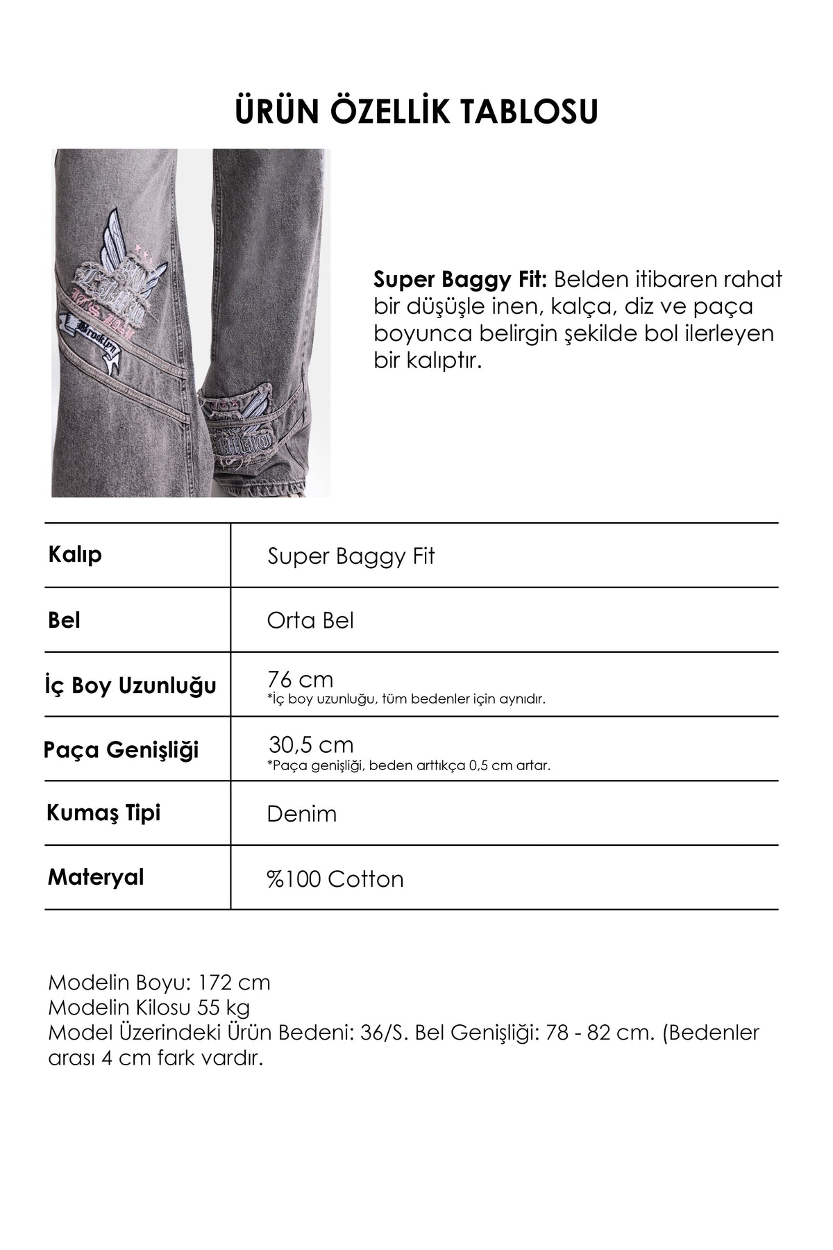 Kadın 4w6-13 Süper Baggy Nakış Tasarım Denim Jean