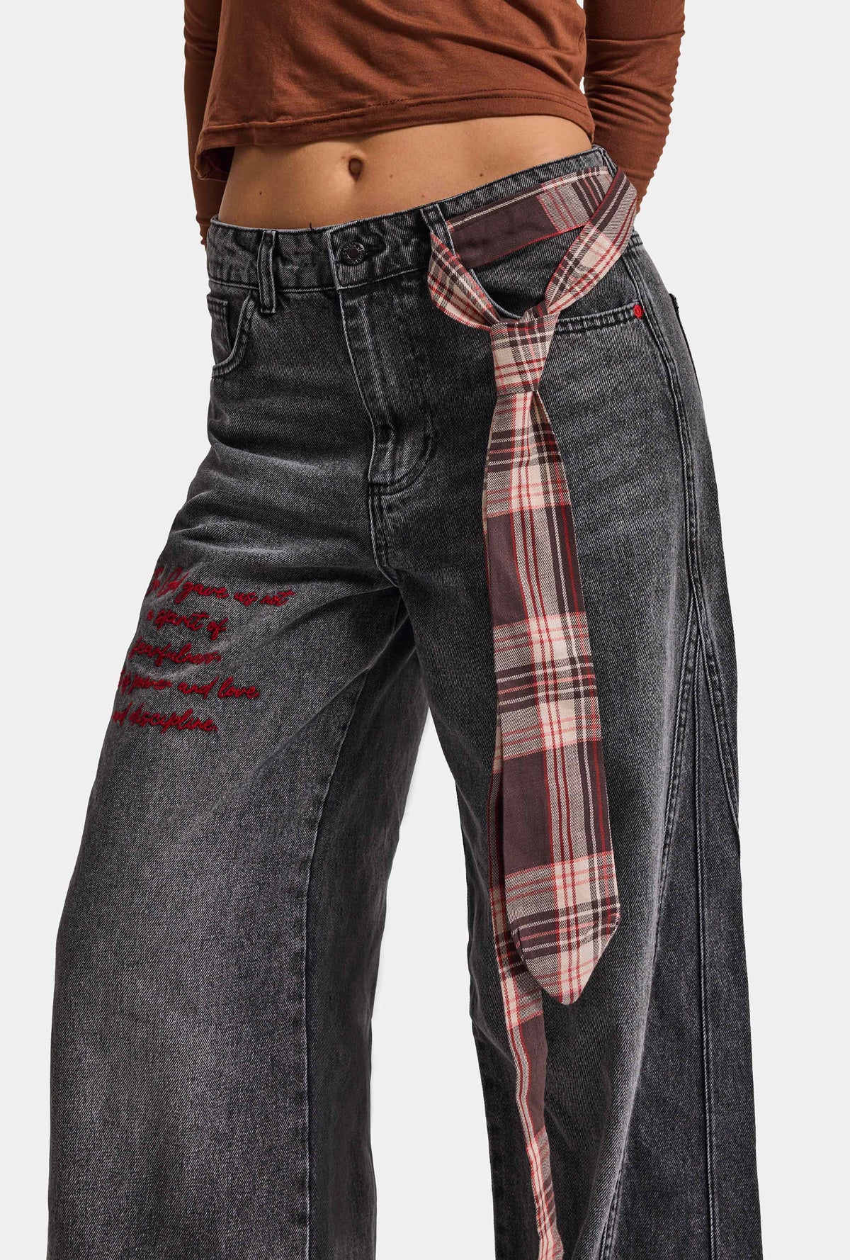 Kadın 4w6-14 Wide Leg Fit Kemer ve Nakış Detaylı Tasarım Denim Jean