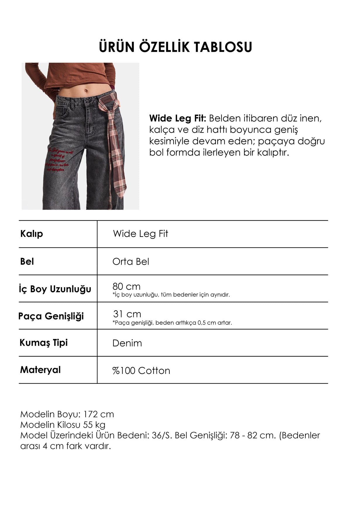 Kadın 4w6-14 Wide Leg Fit Kemer ve Nakış Detaylı Tasarım Denim Jean