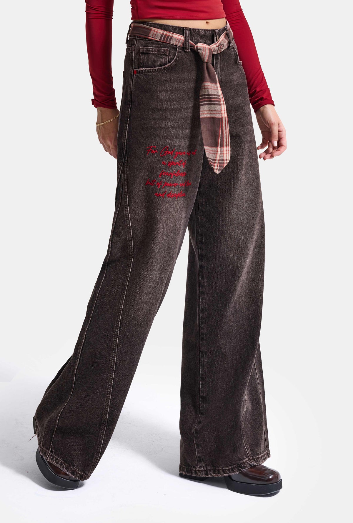 Kadın 4w6-156 Wide Leg Nakış ve Kravat Detaylı Özel Tasarım Denim Jean