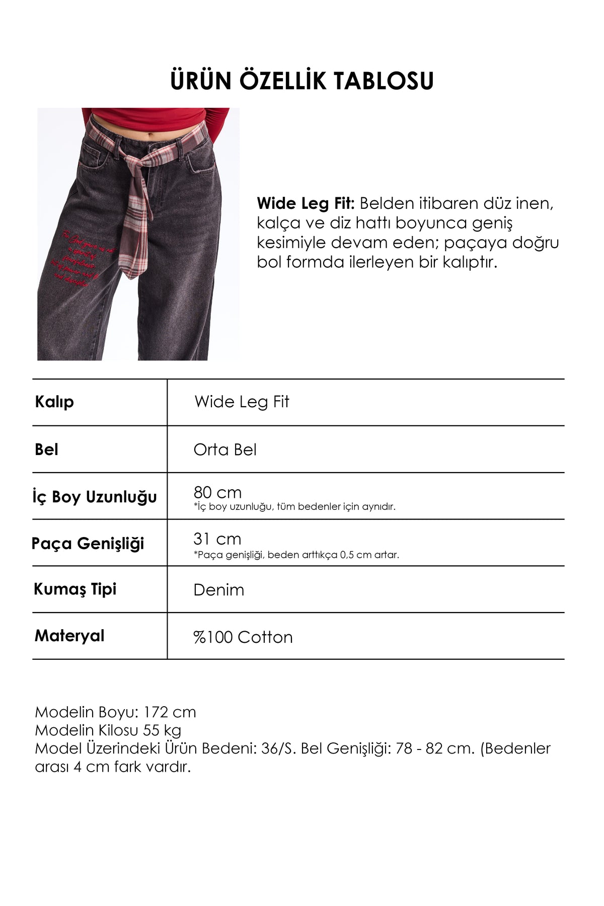 Kadın 4w6-156 Wide Leg Nakış ve Kravat Detaylı Özel Tasarım Denim Jean