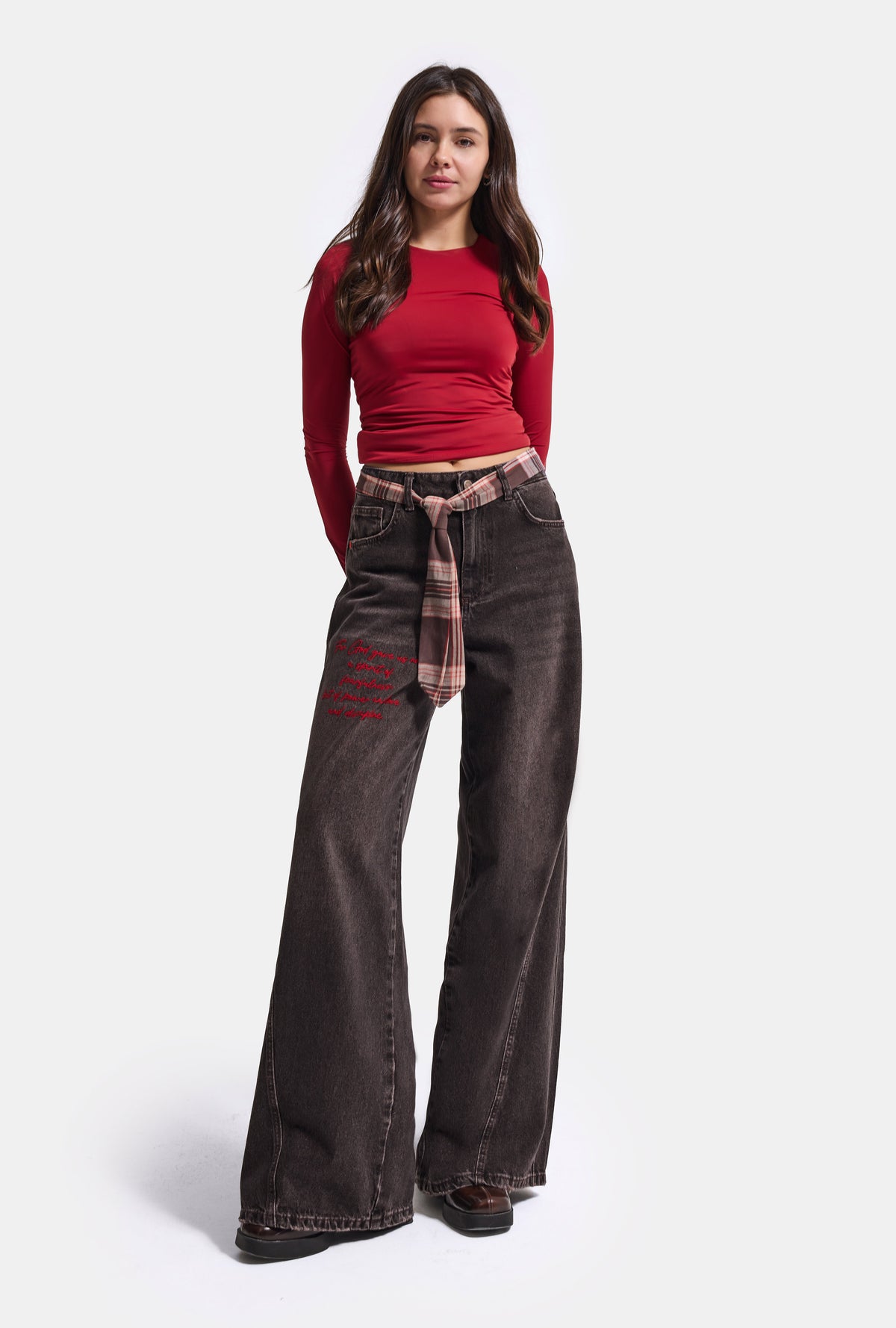 Kadın 4w6-156 Wide Leg Nakış ve Kravat Detaylı Özel Tasarım Denim Jean