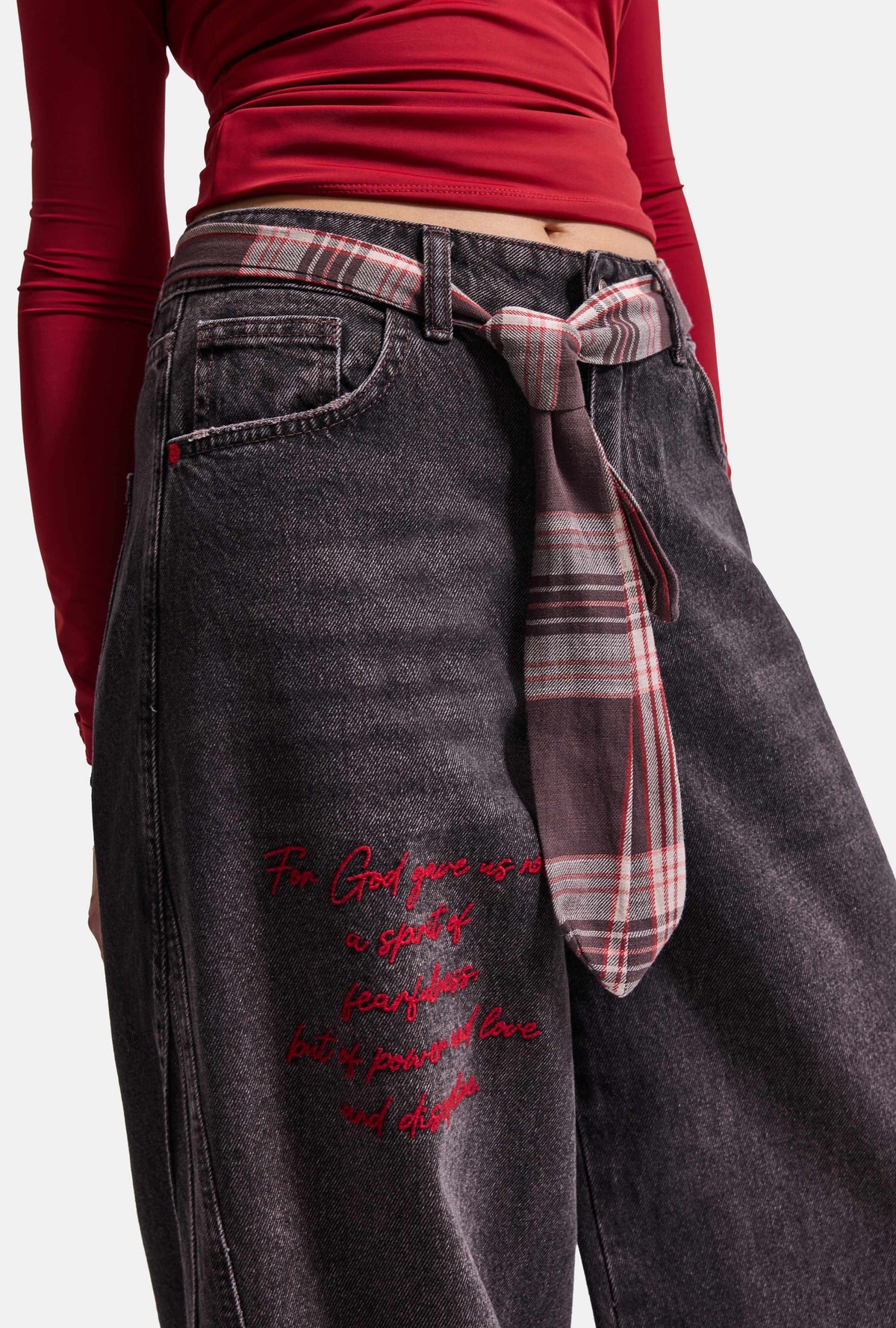 Kadın 4w6-156 Wide Leg Nakış ve Kravat Detaylı Özel Tasarım Denim Jean