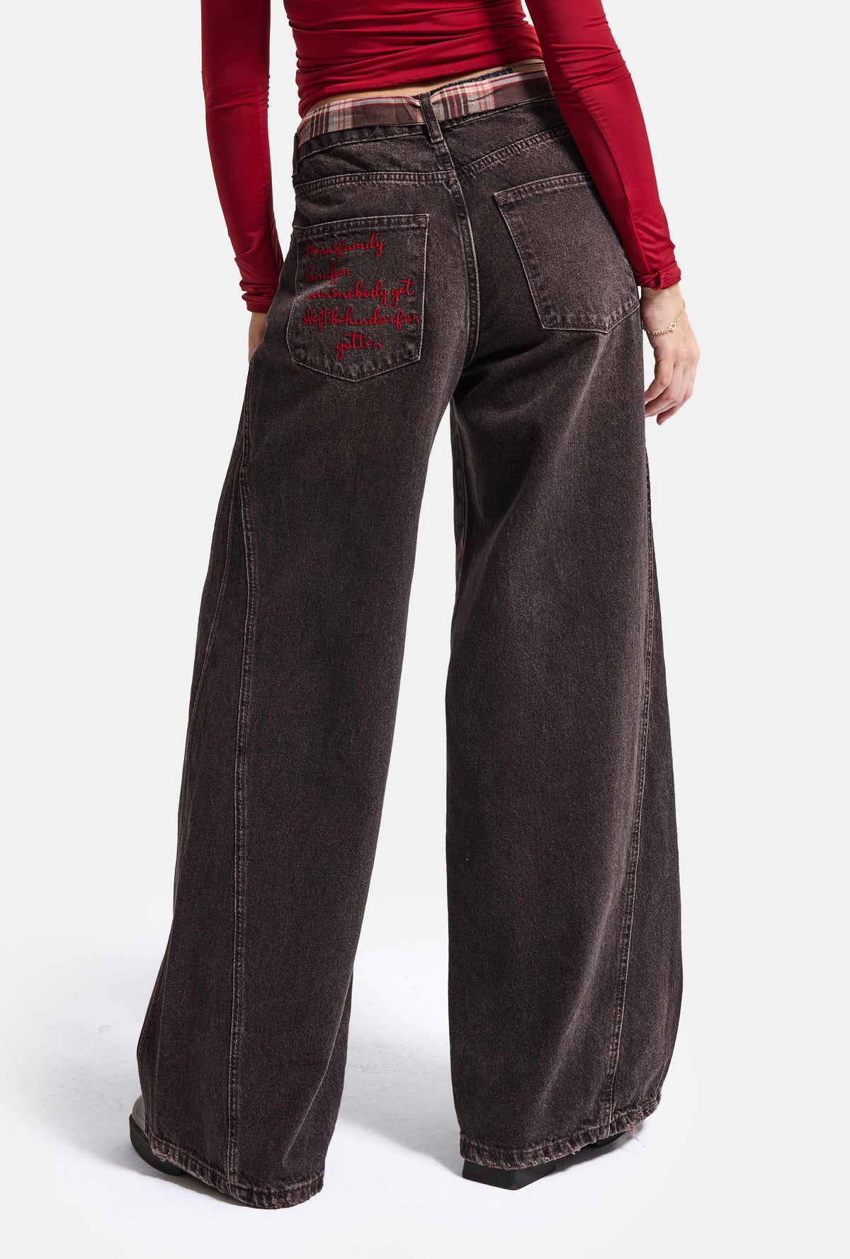Kadın 4w6-156 Wide Leg Nakış ve Kravat Detaylı Özel Tasarım Denim Jean