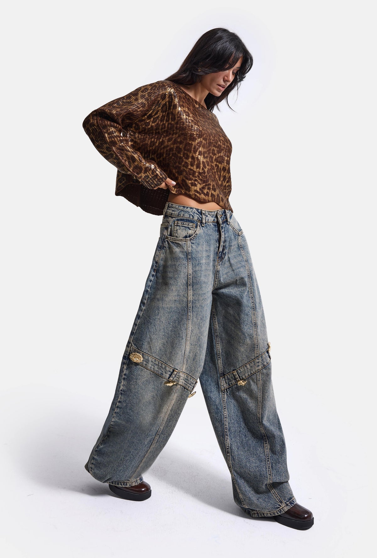 Kadın 4w6-32 Baggy Barrel Orta Bel Aksesuar Detaylı Tasarım Denim Jean