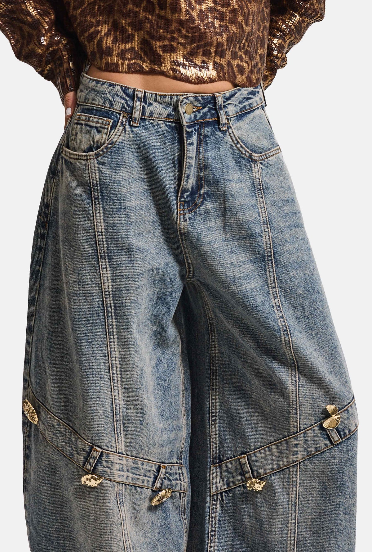 Kadın 4w6-32 Baggy Barrel Orta Bel Aksesuar Detaylı Tasarım Denim Jean