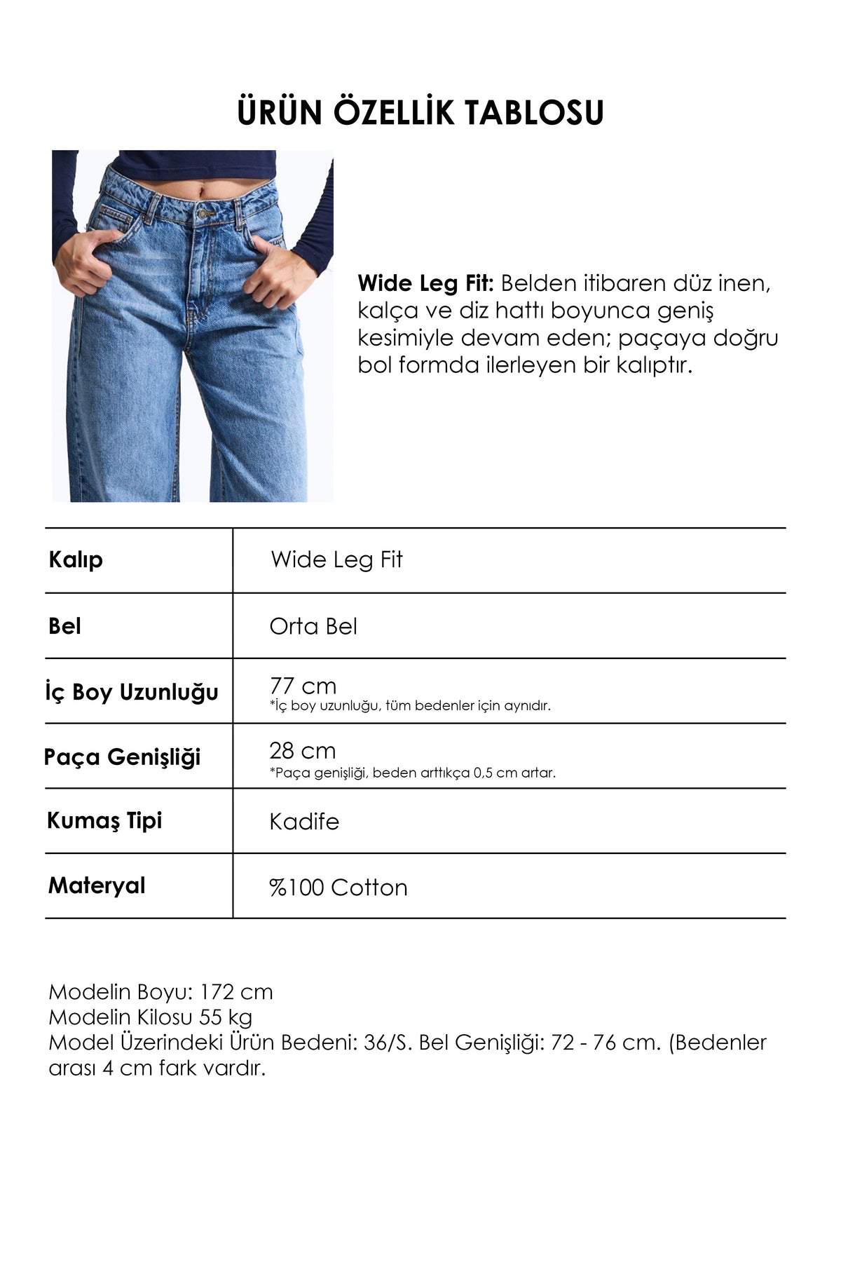 Kadın 4w6-4 Wide Leg %100 Koton Denim Jean