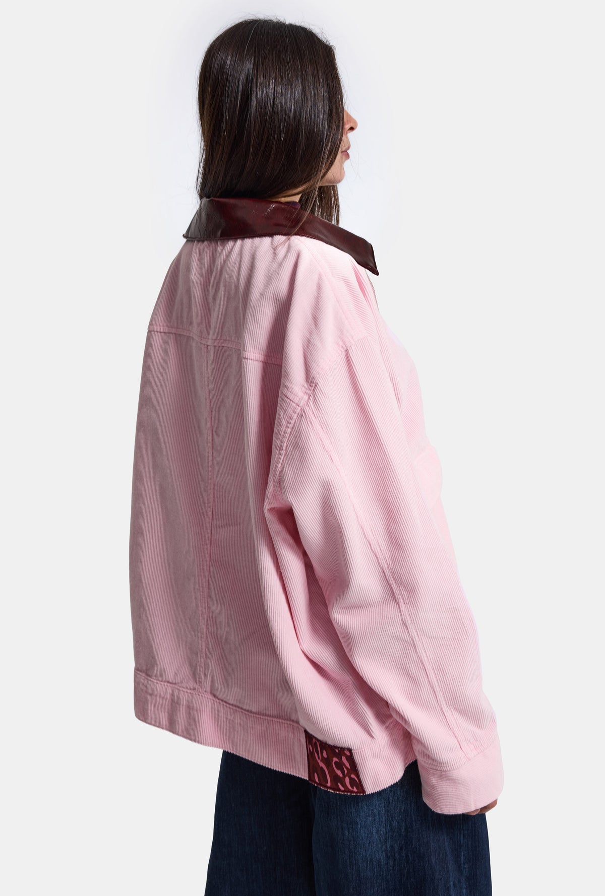 Kadın 6w6-98 Oversize Velvet Kadife Kumaş Deri Detaylı Tasarım Ceket