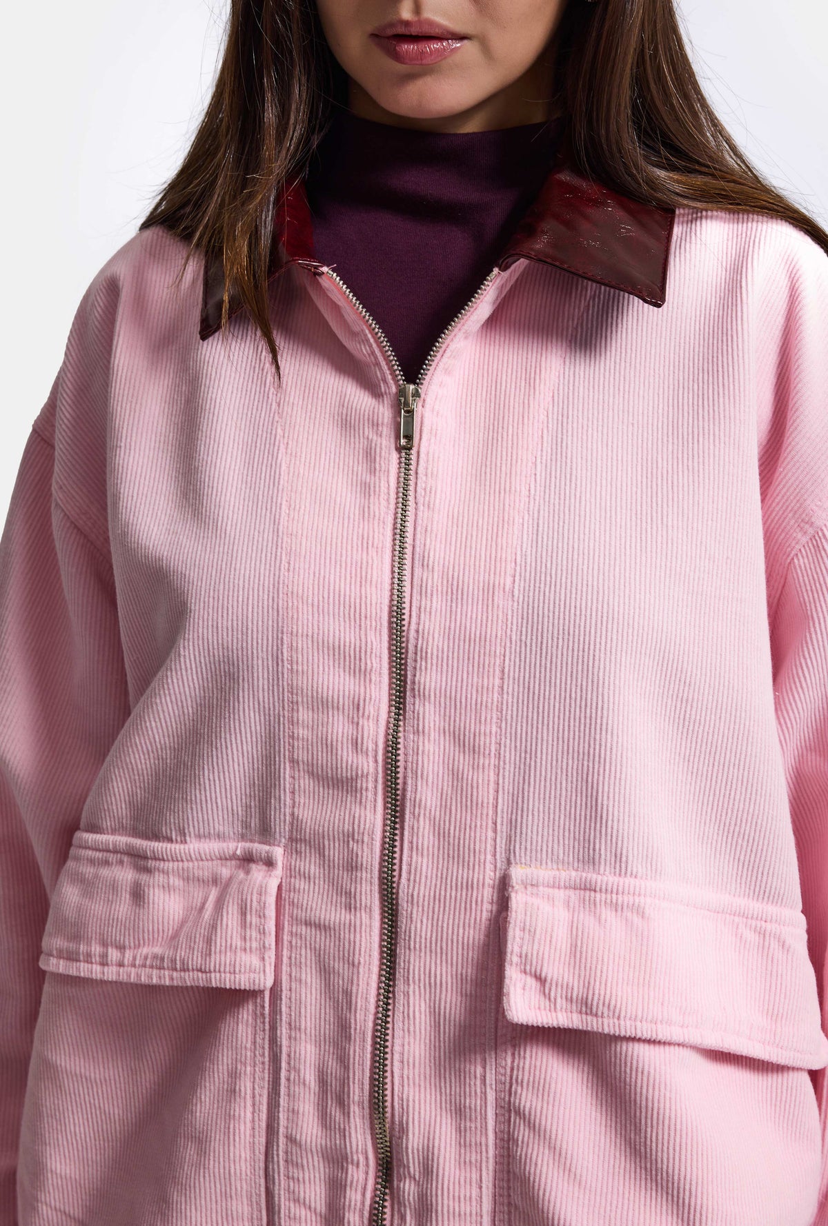 Kadın 6w6-98 Oversize Velvet Kadife Kumaş Deri Detaylı Tasarım Ceket