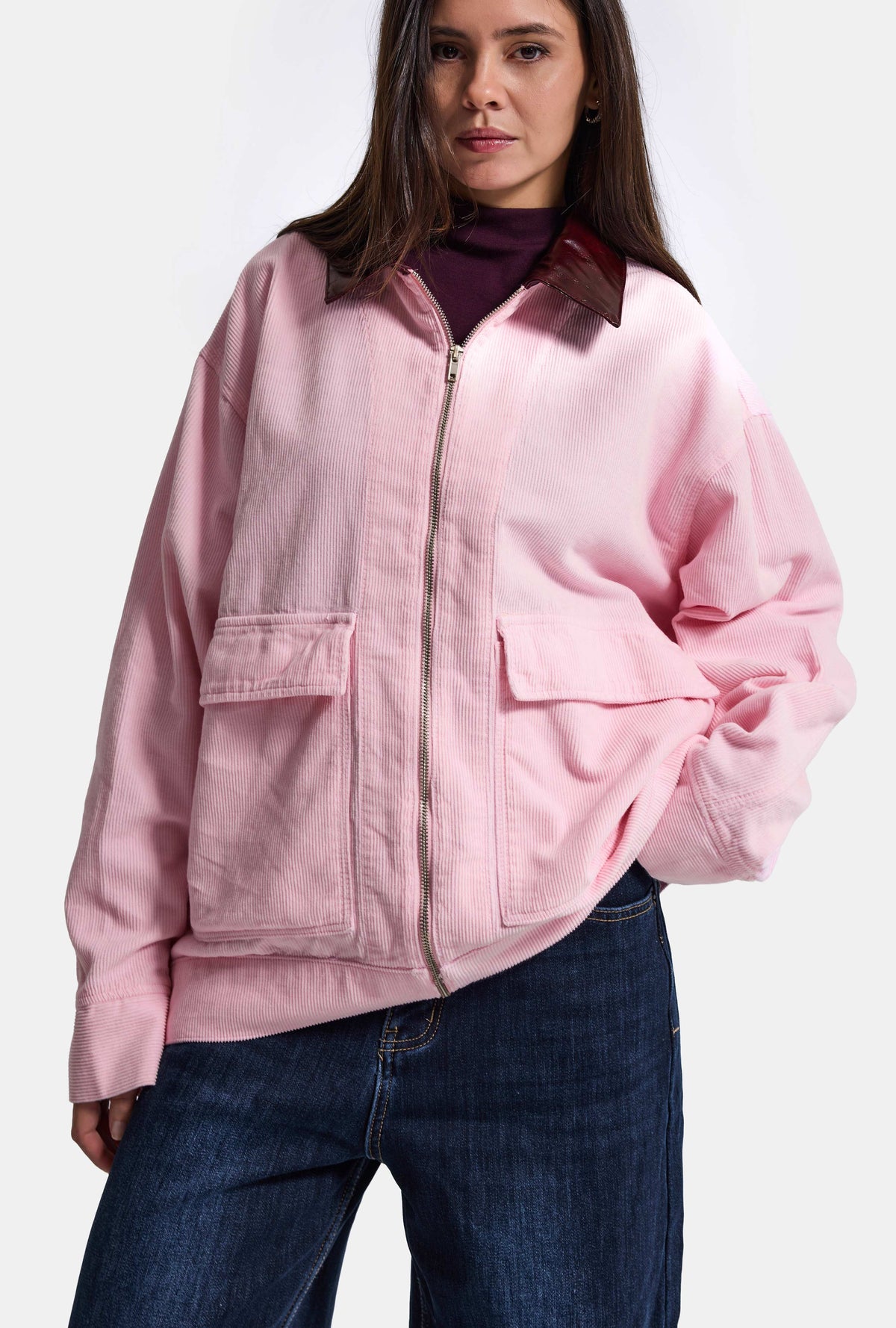 Kadın 6w6-98 Oversize Velvet Kadife Kumaş Deri Detaylı Tasarım Ceket