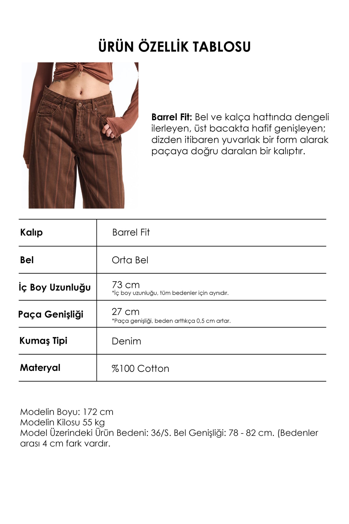 Kadın 6w6-CD4-81 Barrel Fit Kahve Çizgili Denim Jean
