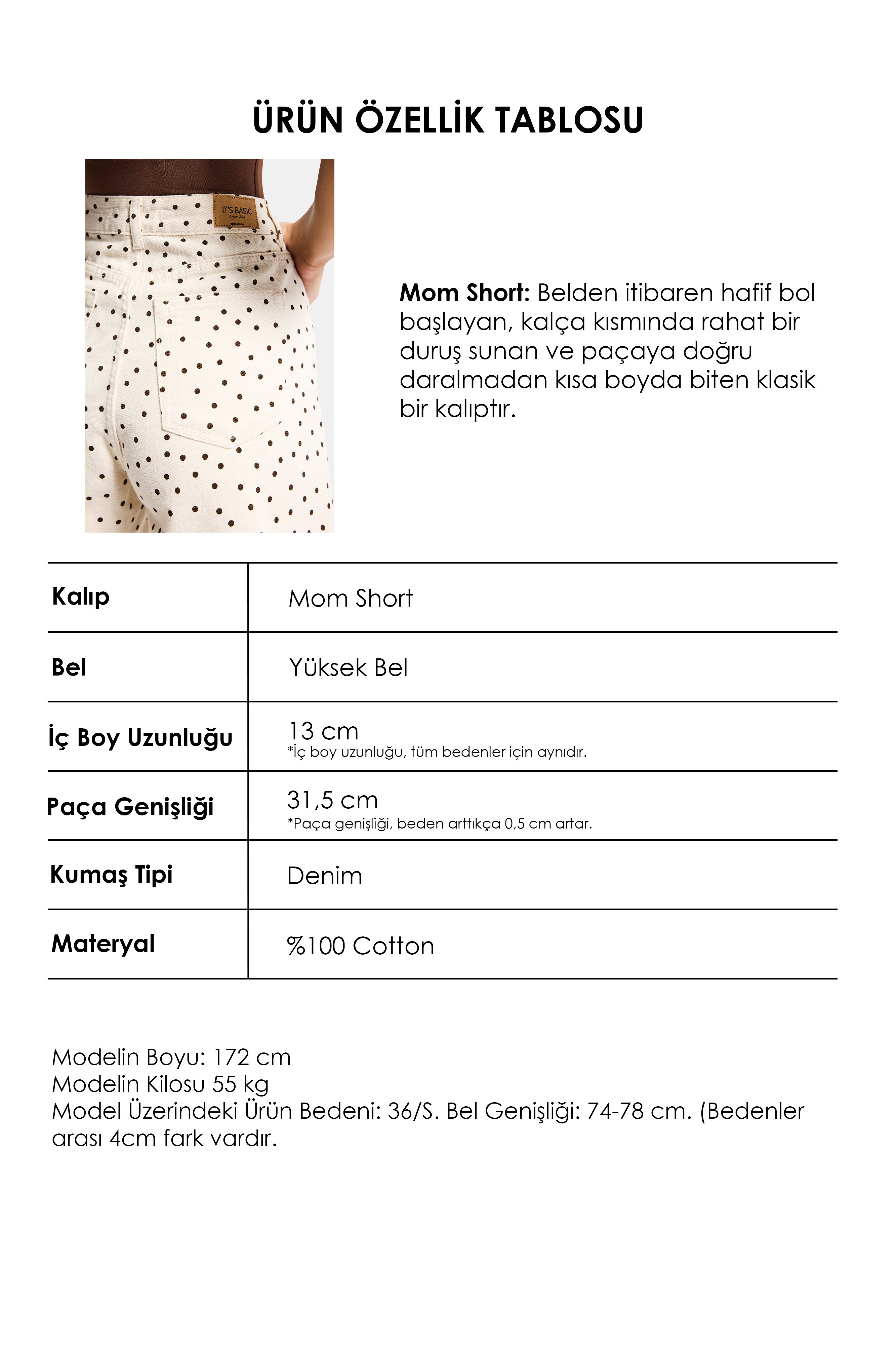 Kadın 7s6 Puantiye Desen Mom Fit Midi Boy Özel Kumaş Denim Şort