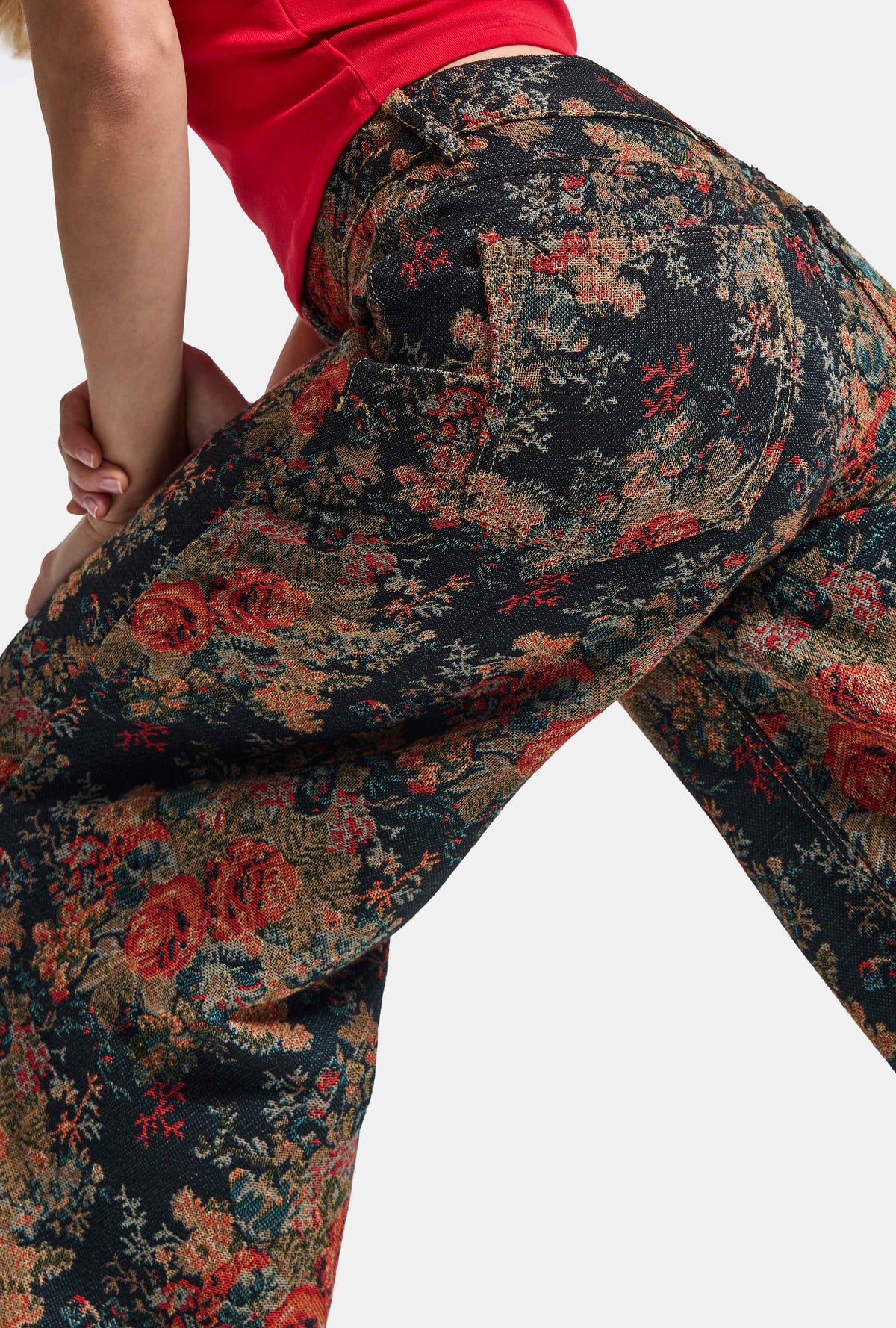 Kadın 7w6-13 Palazzo Fit Özel Çiçek Desen Tasarım Kumaş Denim Jean