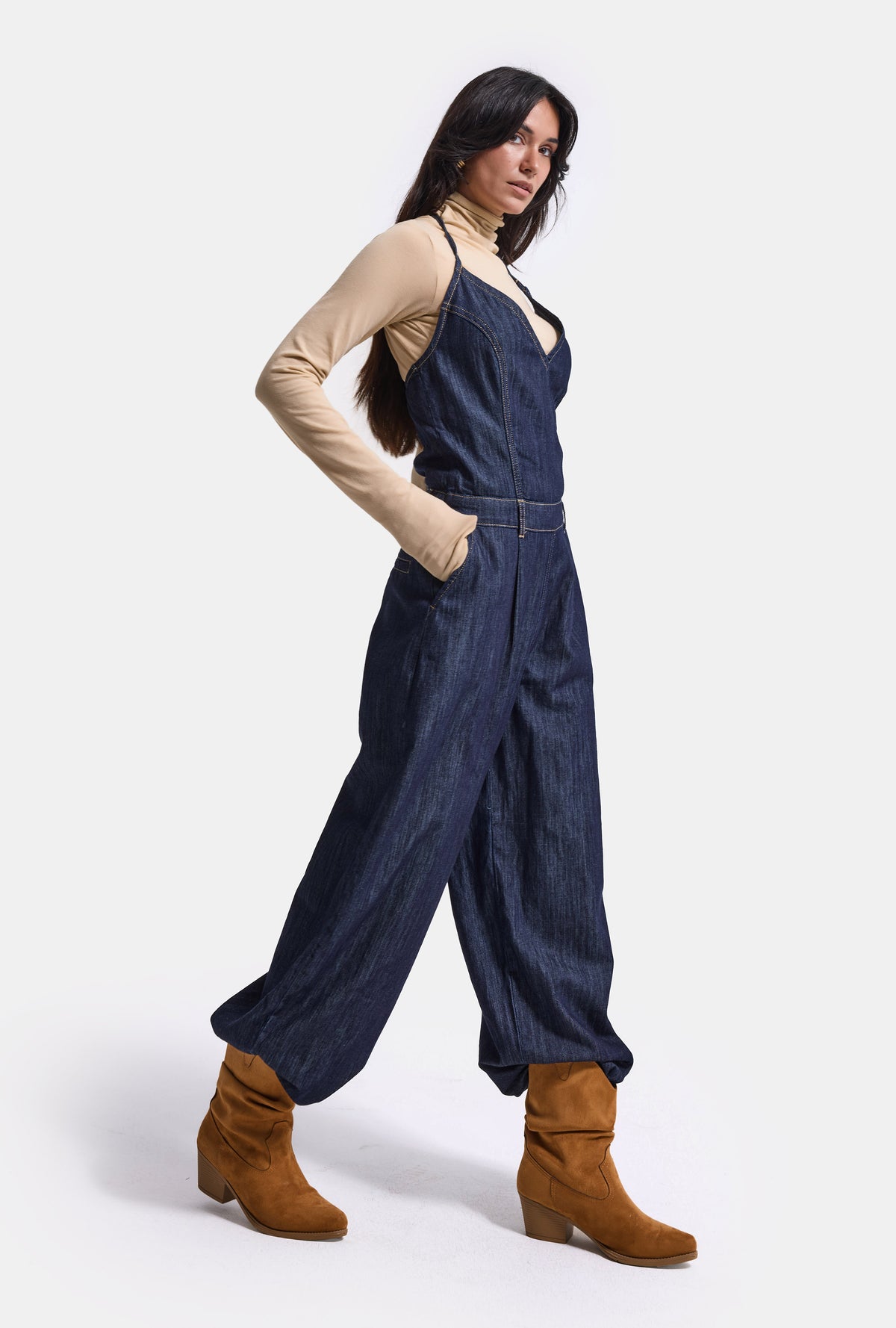 Kadın 7w6-50 Boyundan Askılı %100 Koton Denim Tulum