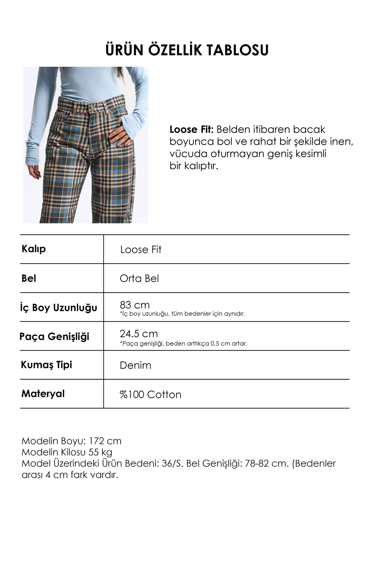 Kadın 7w6-64 Loose Fit Ekose Denim Jean