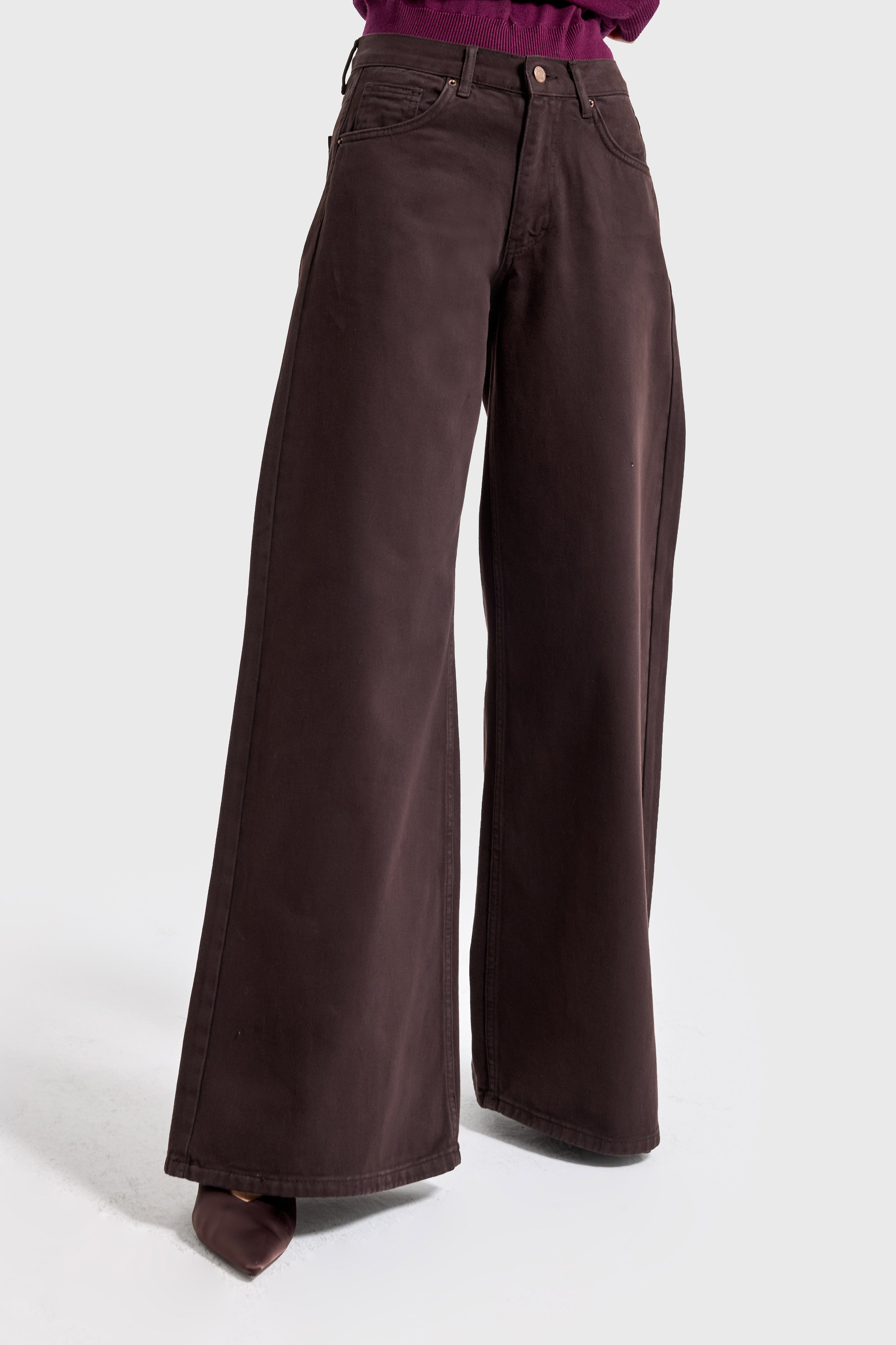 Kadın Acı Kahve Hera 6w5-81 Palazzo Fit %100 Koton Denim Jean