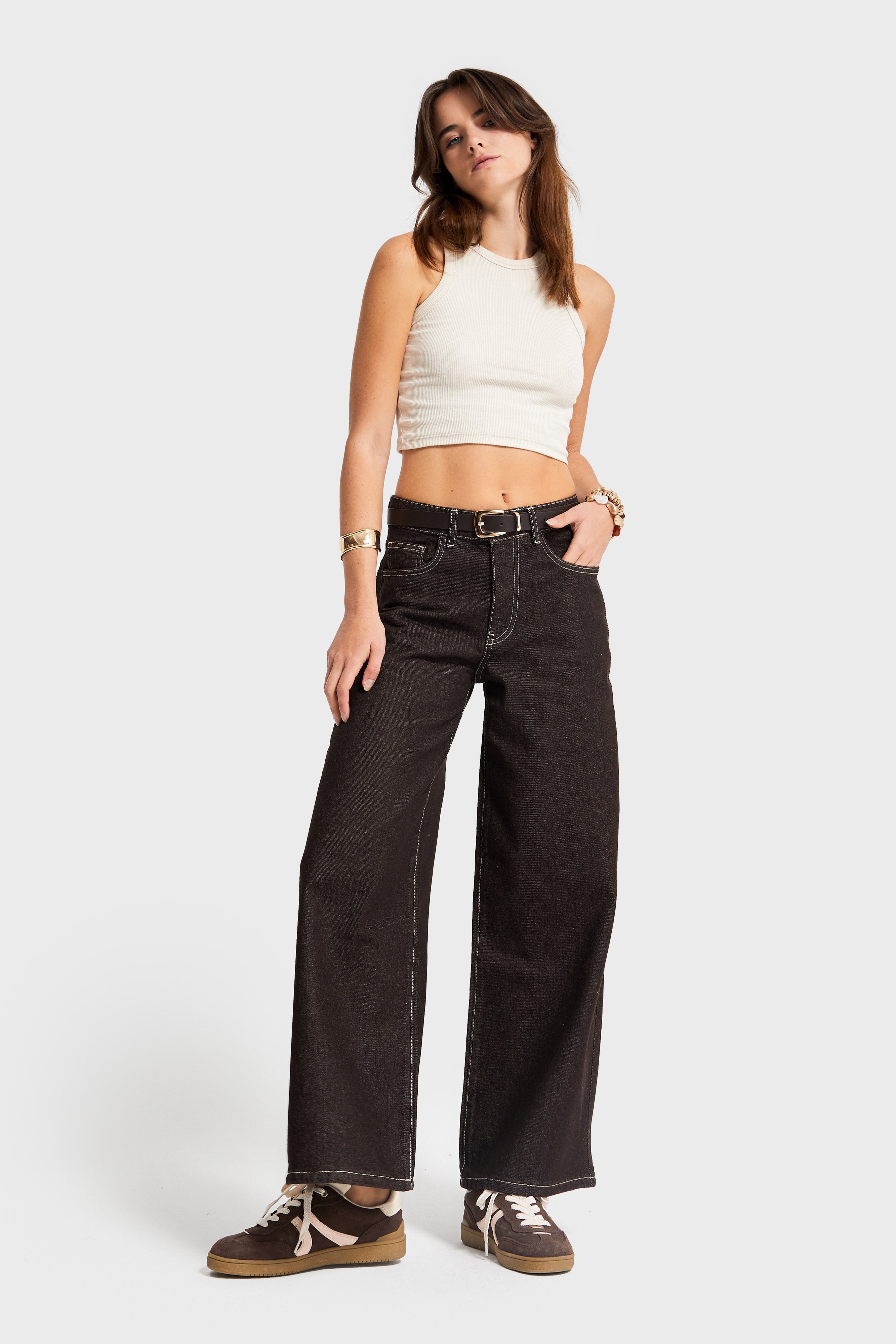 Kadın Acı Kahve Renk 7w5-16 Culotte Wide Leg Fit Kemerli Denim Jean