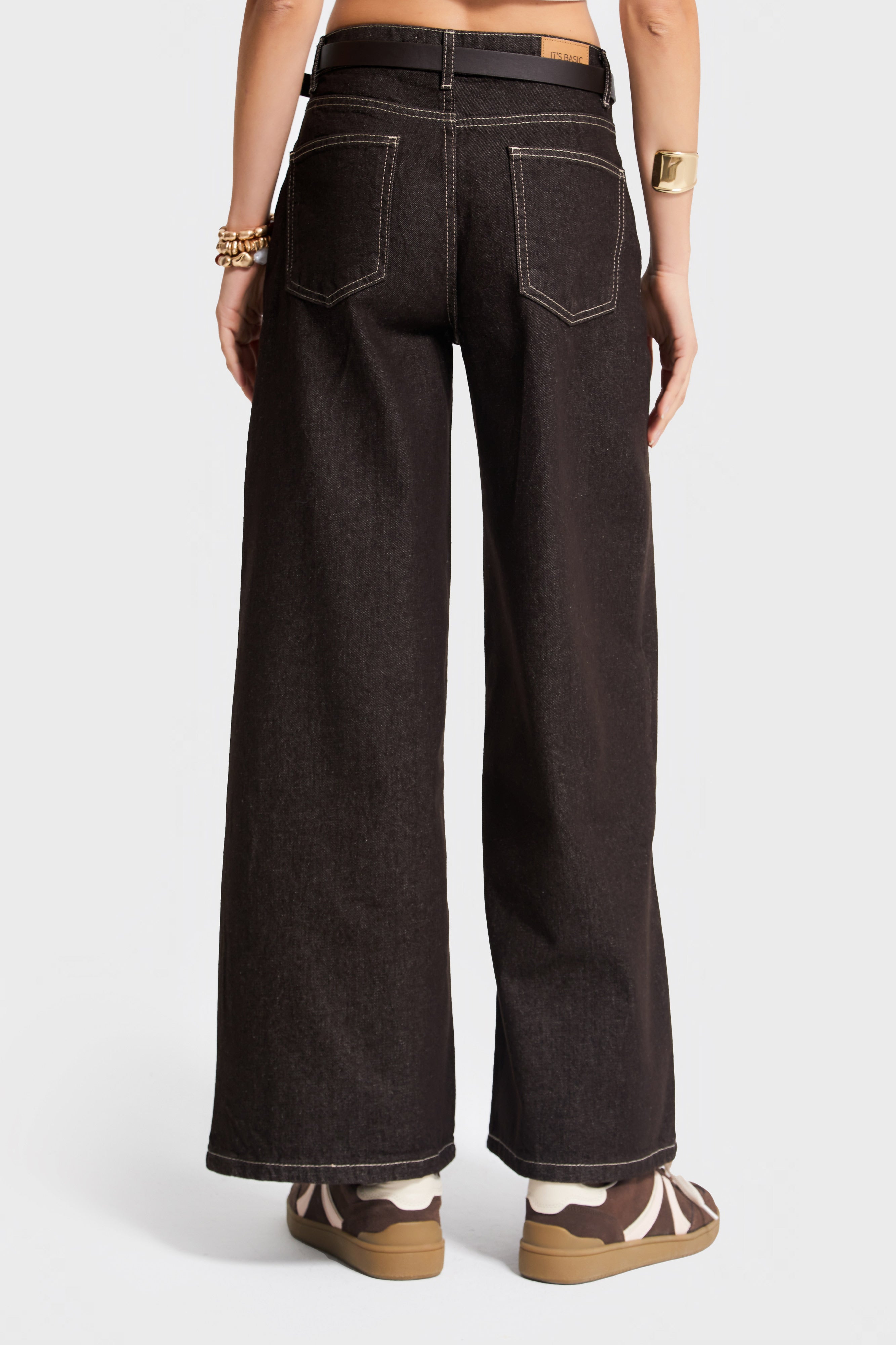 Kadın Acı Kahve Renk 7w5-16 Culotte Wide Leg Fit Kemerli Denim Jean