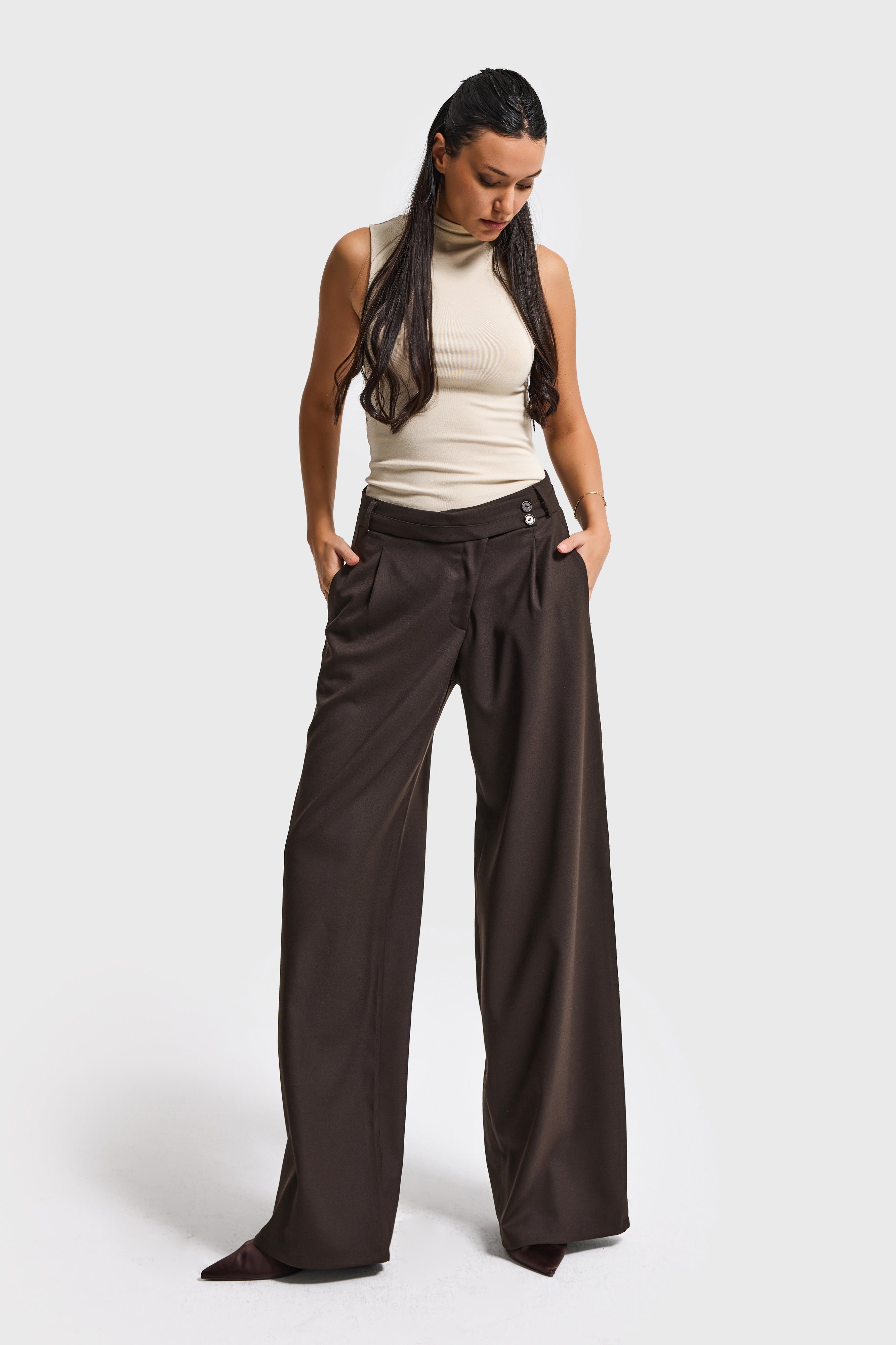 Kadın Acı Kahve s6-16 Neptun Kemer Detaylı Palazzo Fit Pileli Pantolon