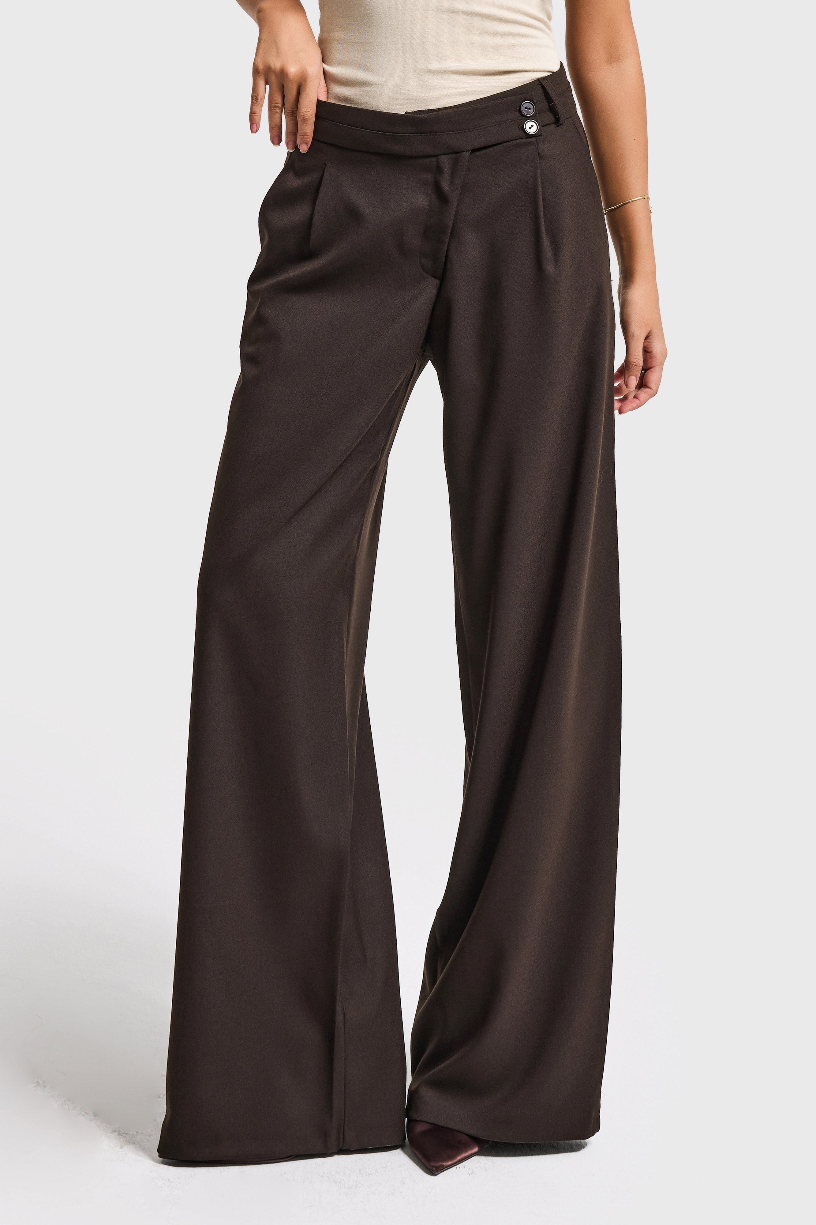 Kadın Acı Kahve s6-16 Neptun Kemer Detaylı Palazzo Fit Pileli Pantolon