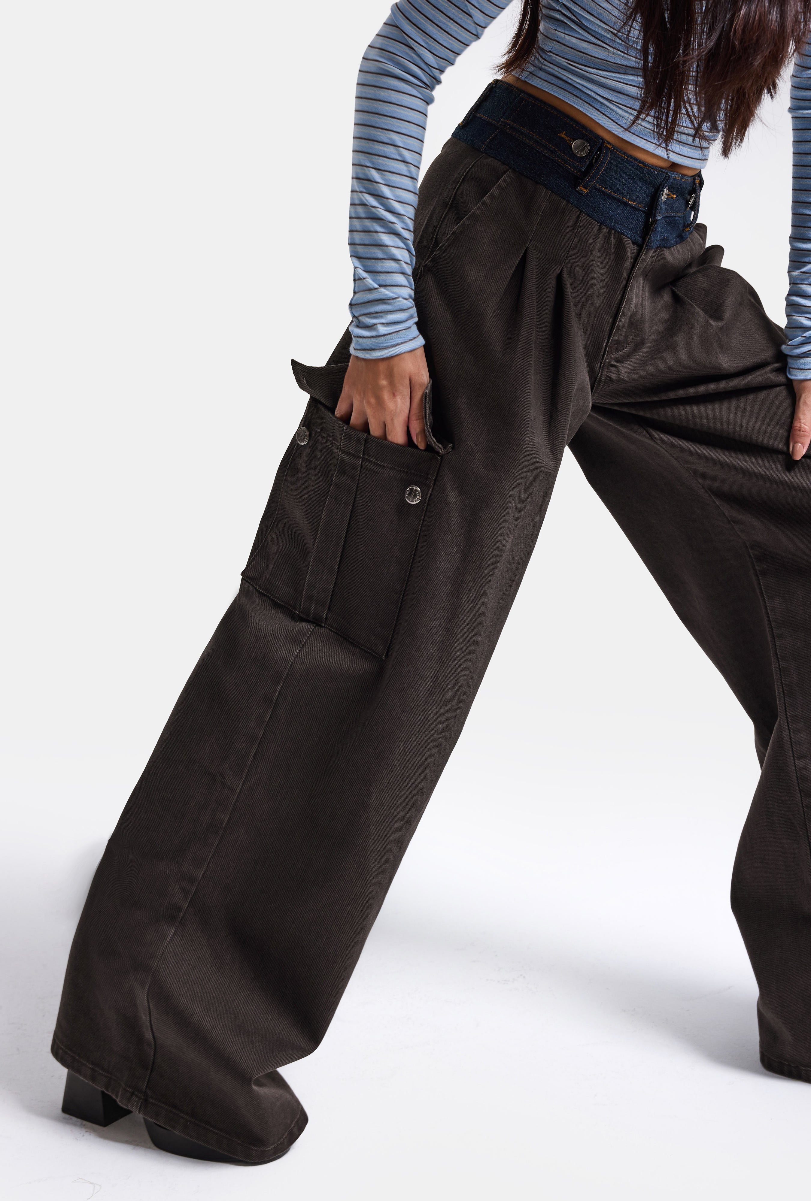 Kadın Acı Kahve Süper Palazzo Kot Kemer Detaylı Kargo Cep Özel Tasarım Denim Jean