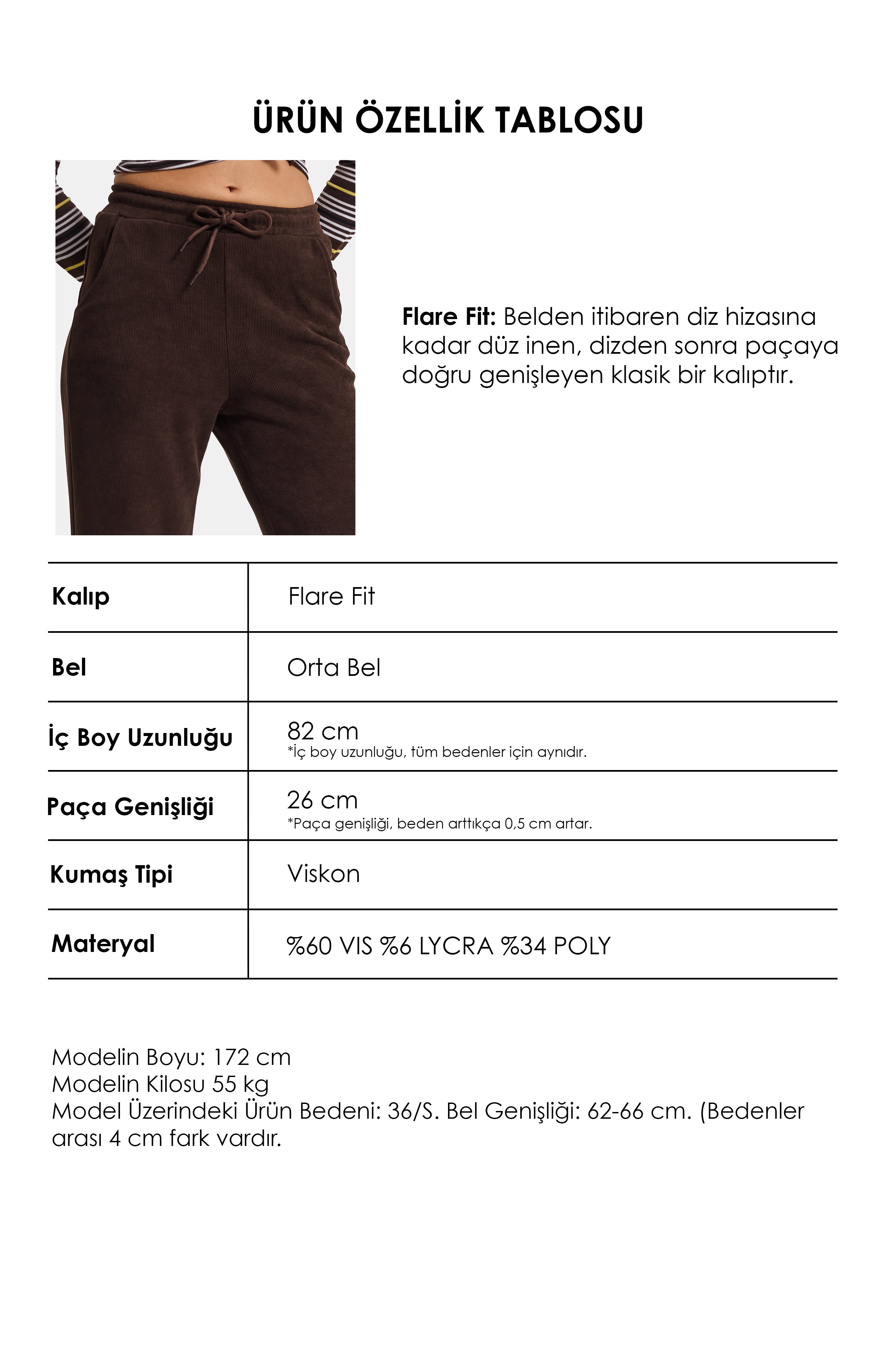 Kadın Acı Kahve w6-81 Flare Fit İnce Fitilli Esnek Velvet Kadife Kumaş Pantolon