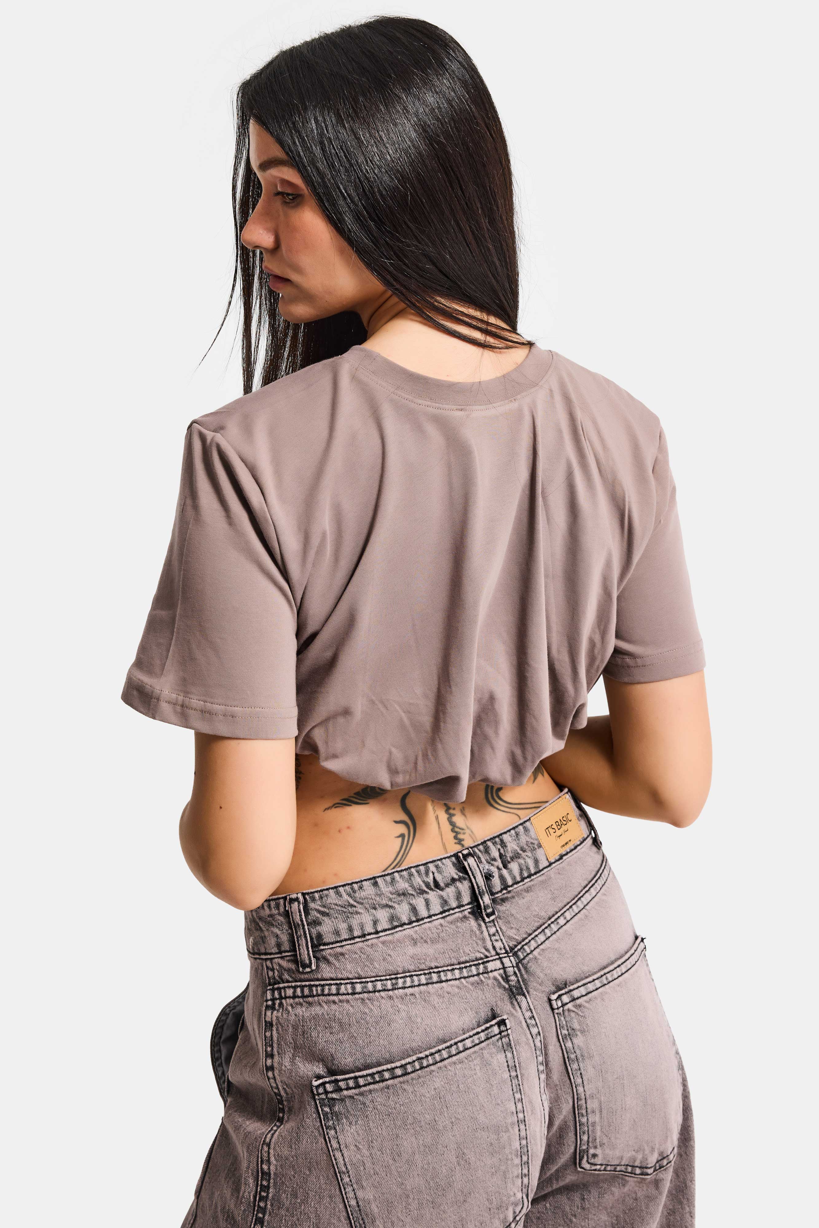 Kadın Açık Antrasit s6-16 Crop Balon Fit T-Shirt