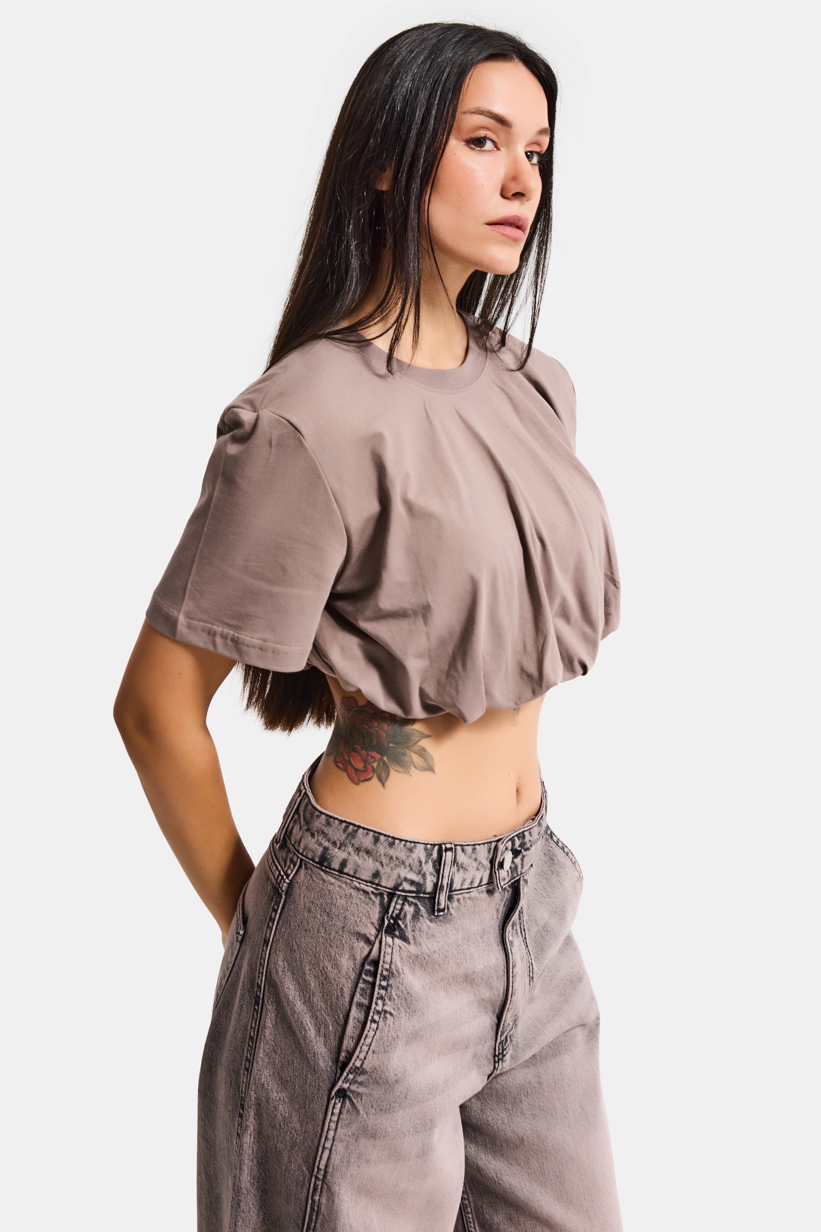 Kadın Açık Antrasit s6-16 Crop Balon Fit T-Shirt