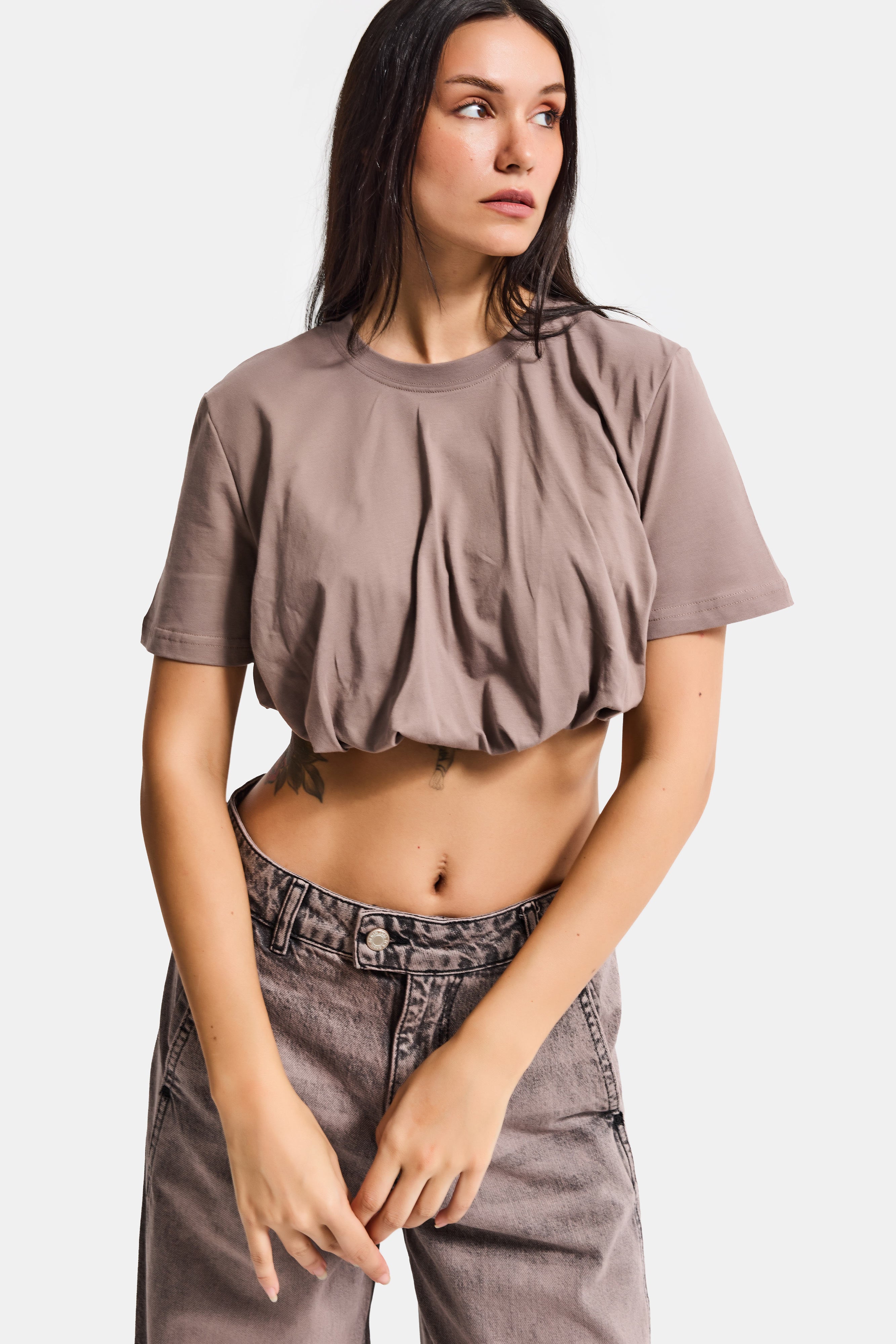 Kadın Açık Antrasit s6-16 Crop Balon Fit T-Shirt