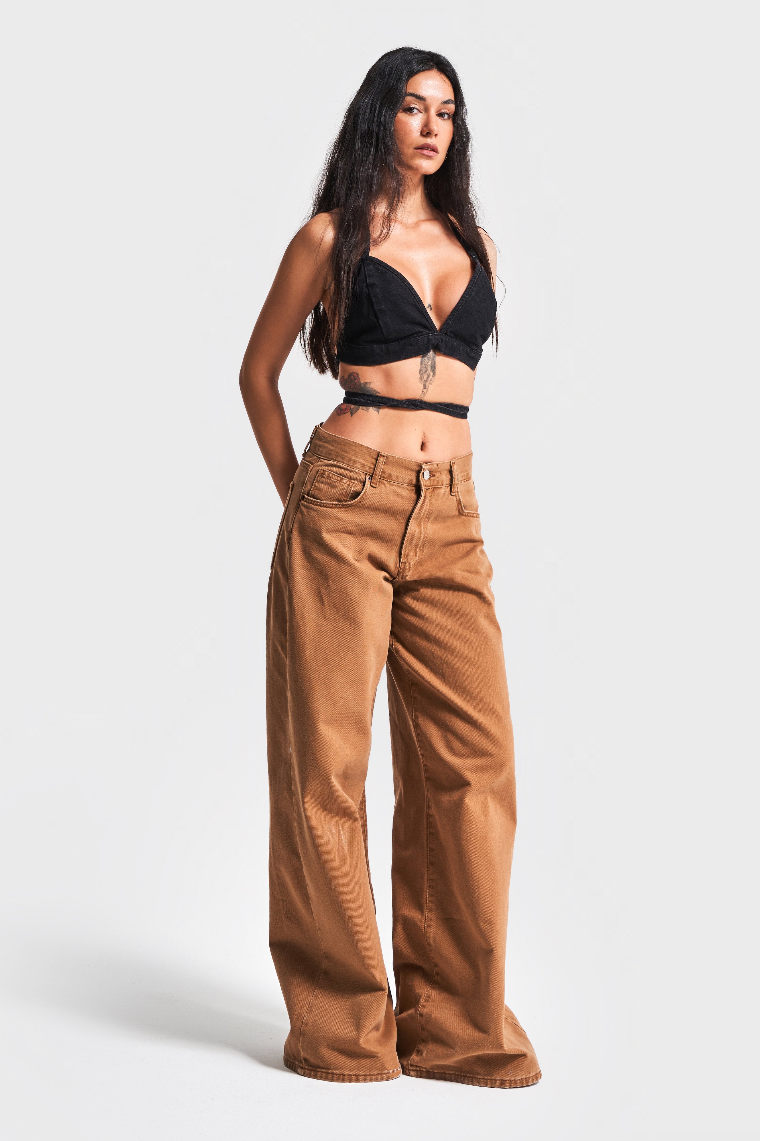 Women's Light Brown Color Palazzo Fit Loose Cut 100% Cotton Denim