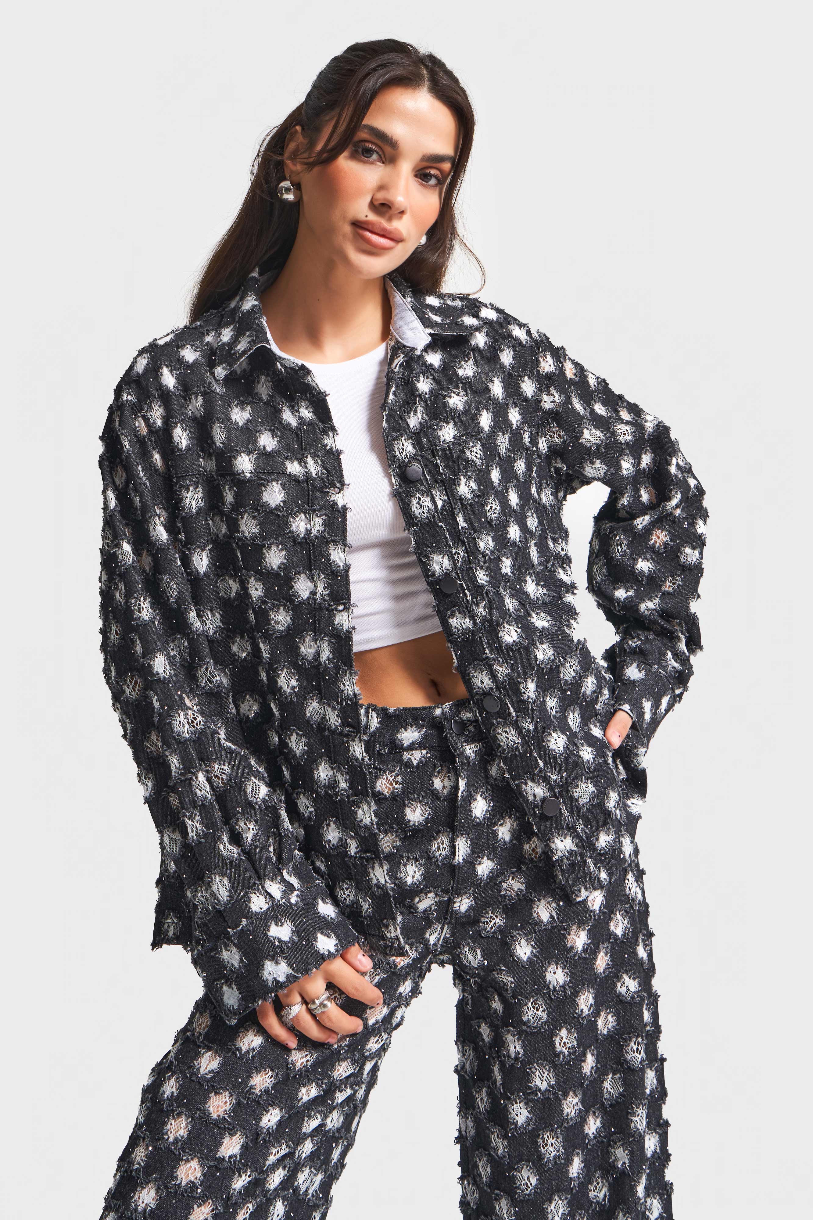 Kadın Antrasit 7w5-51 Oversize Özel Kumaş Tasarım Denim Ceket