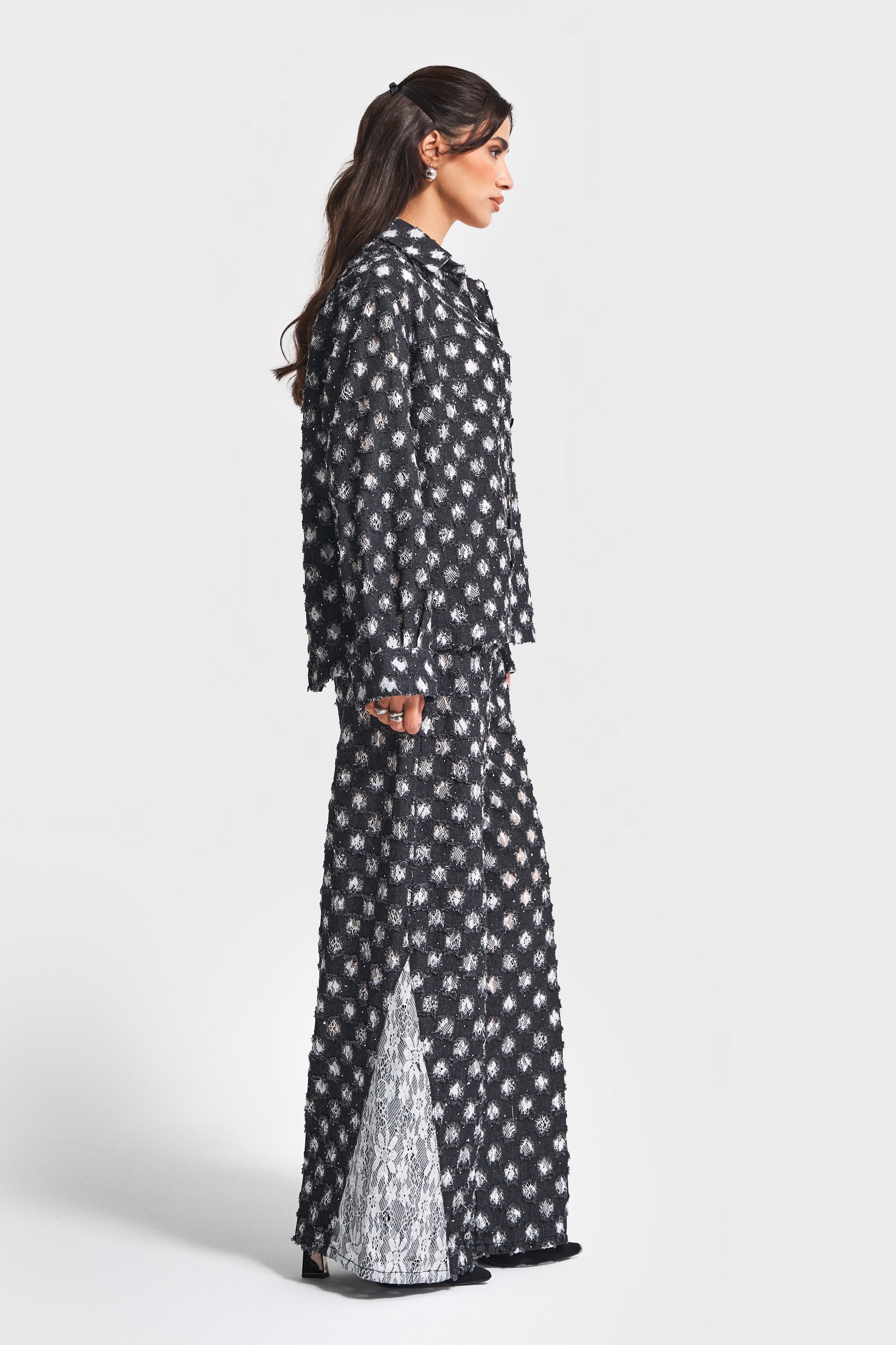 Kadın Antrasit 7w5-51 Oversize Özel Kumaş Tasarım Denim Ceket