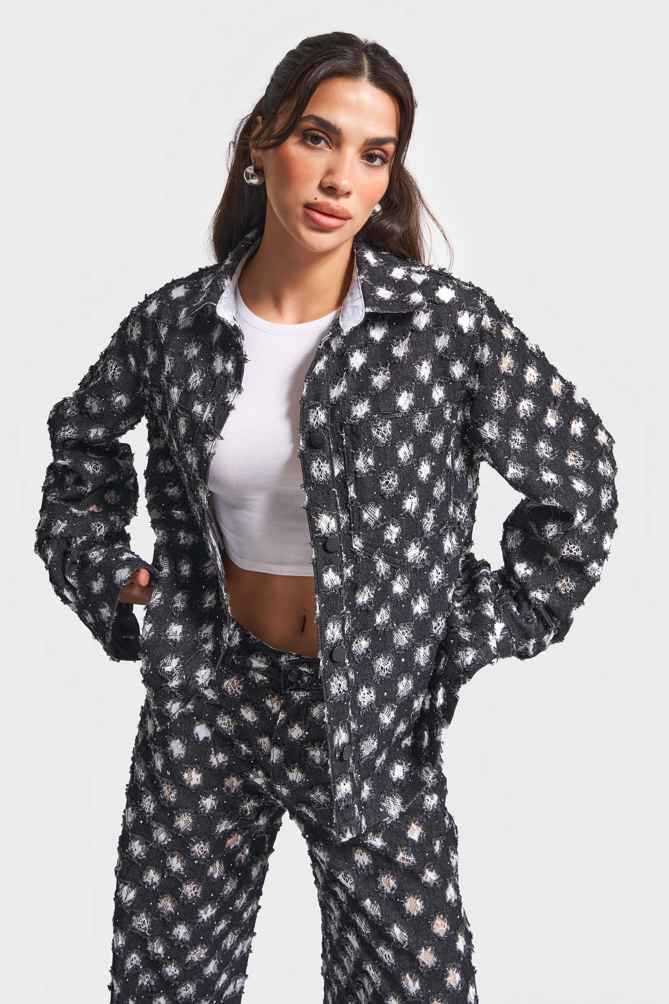 Kadın Antrasit 7w5-51 Oversize Özel Kumaş Tasarım Denim Ceket