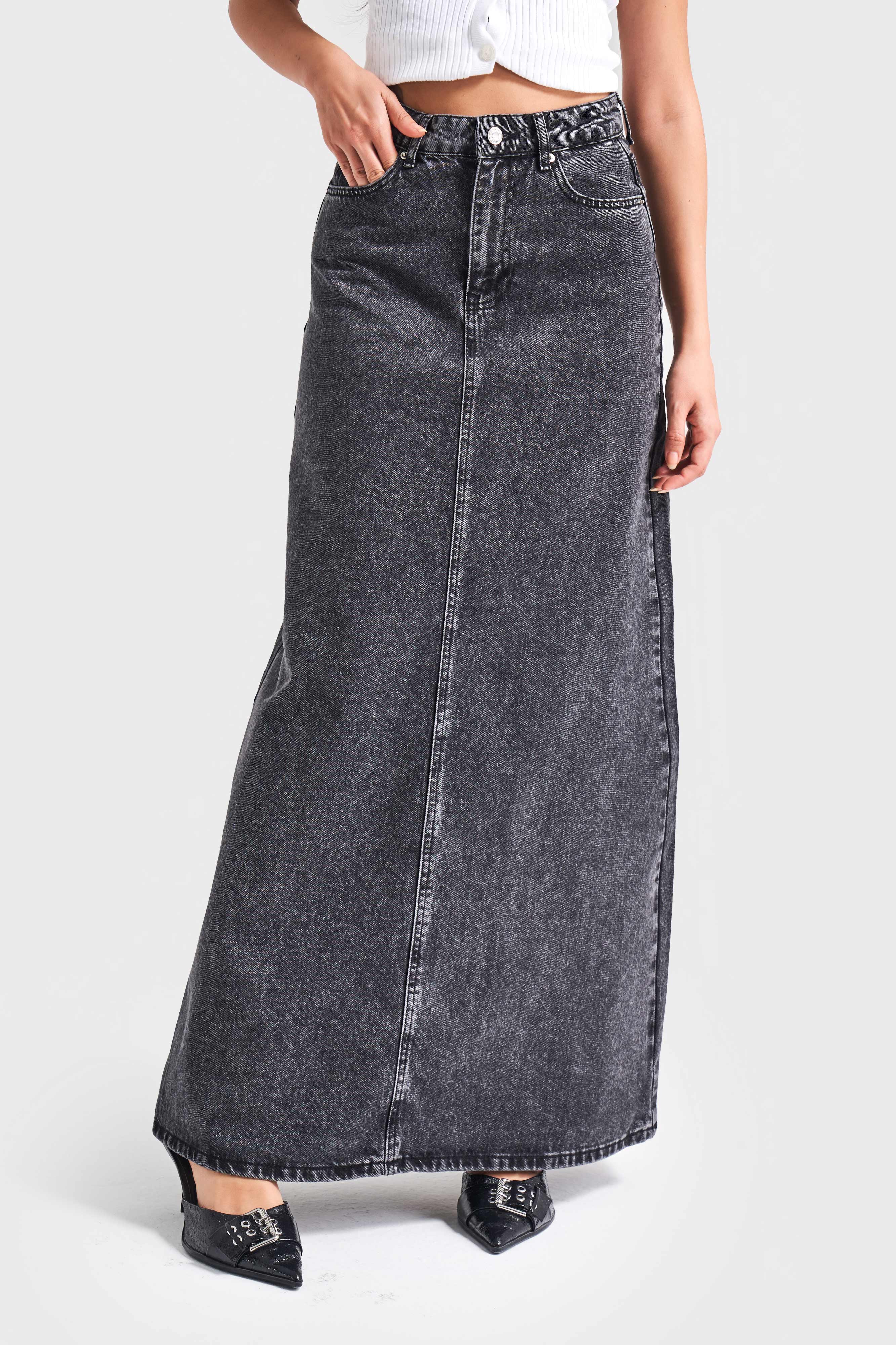 Kadın Antrasit Kot Rengi 3S5-14 Çan Kesim %100 Koton Maxi Boy 100 cm Denim Etek