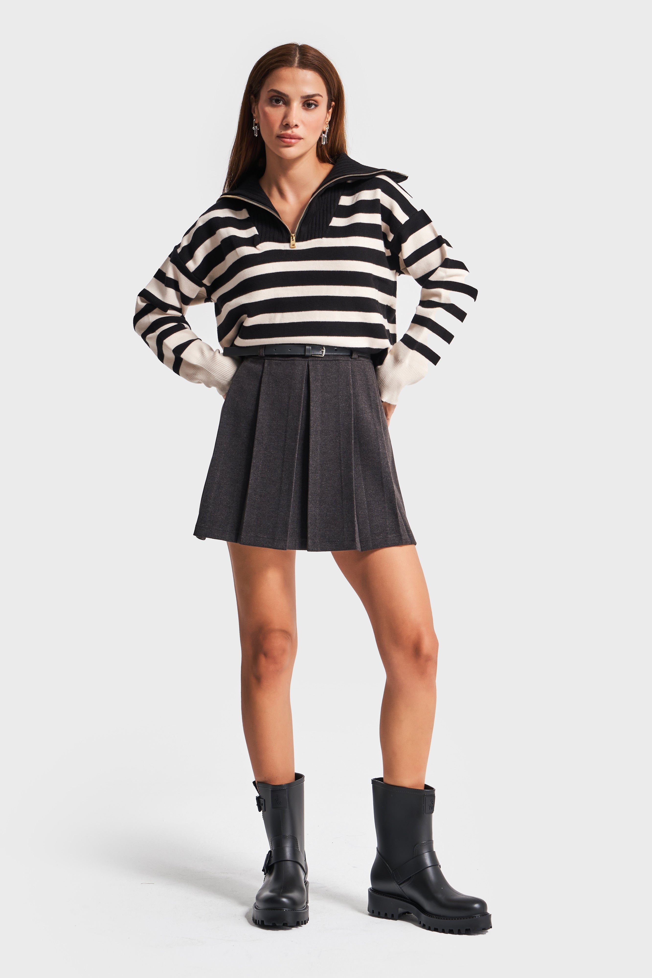 Women's Anthracite Color Cashmere Fabric Belted Pleated Mini Skirt