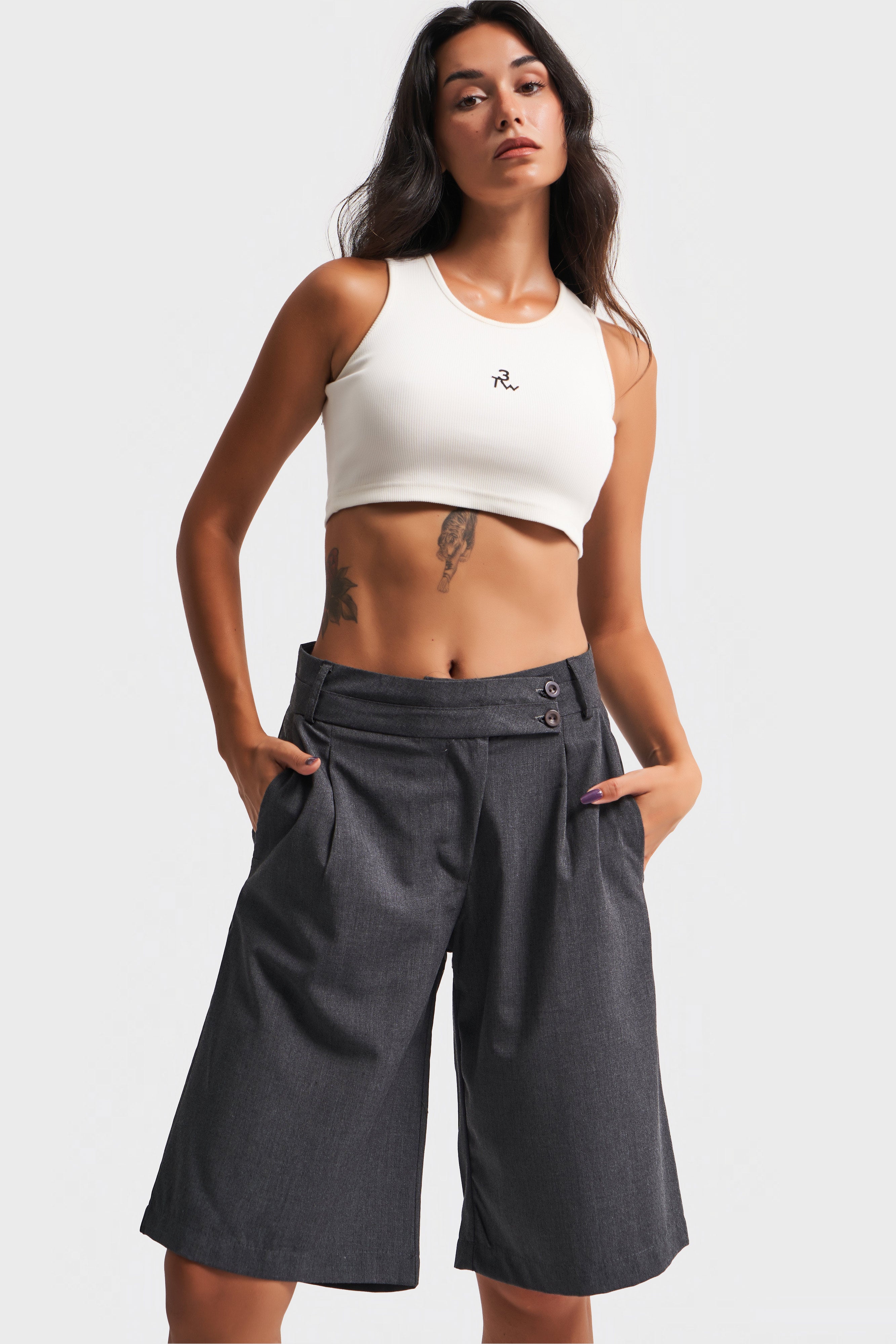 Women's Anthracite Color Belt Detailed Midi Length Palazzo Shorts