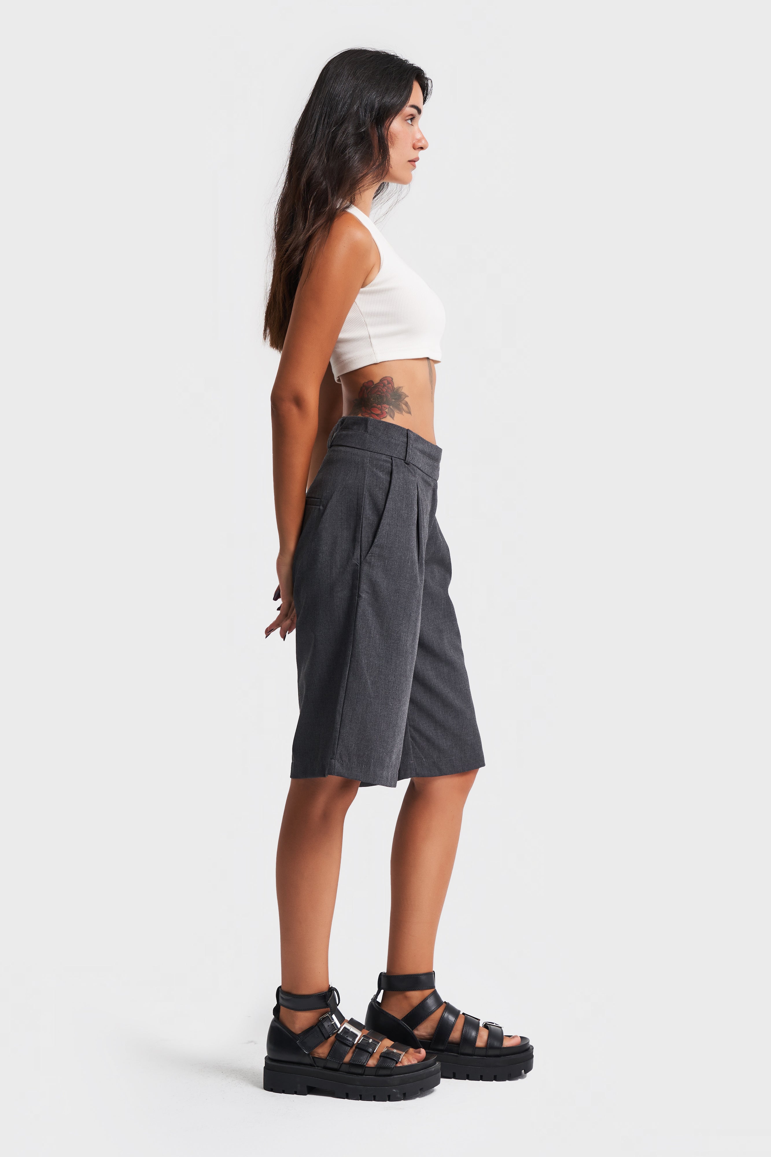 Women's Anthracite Color Belt Detailed Midi Length Palazzo Shorts