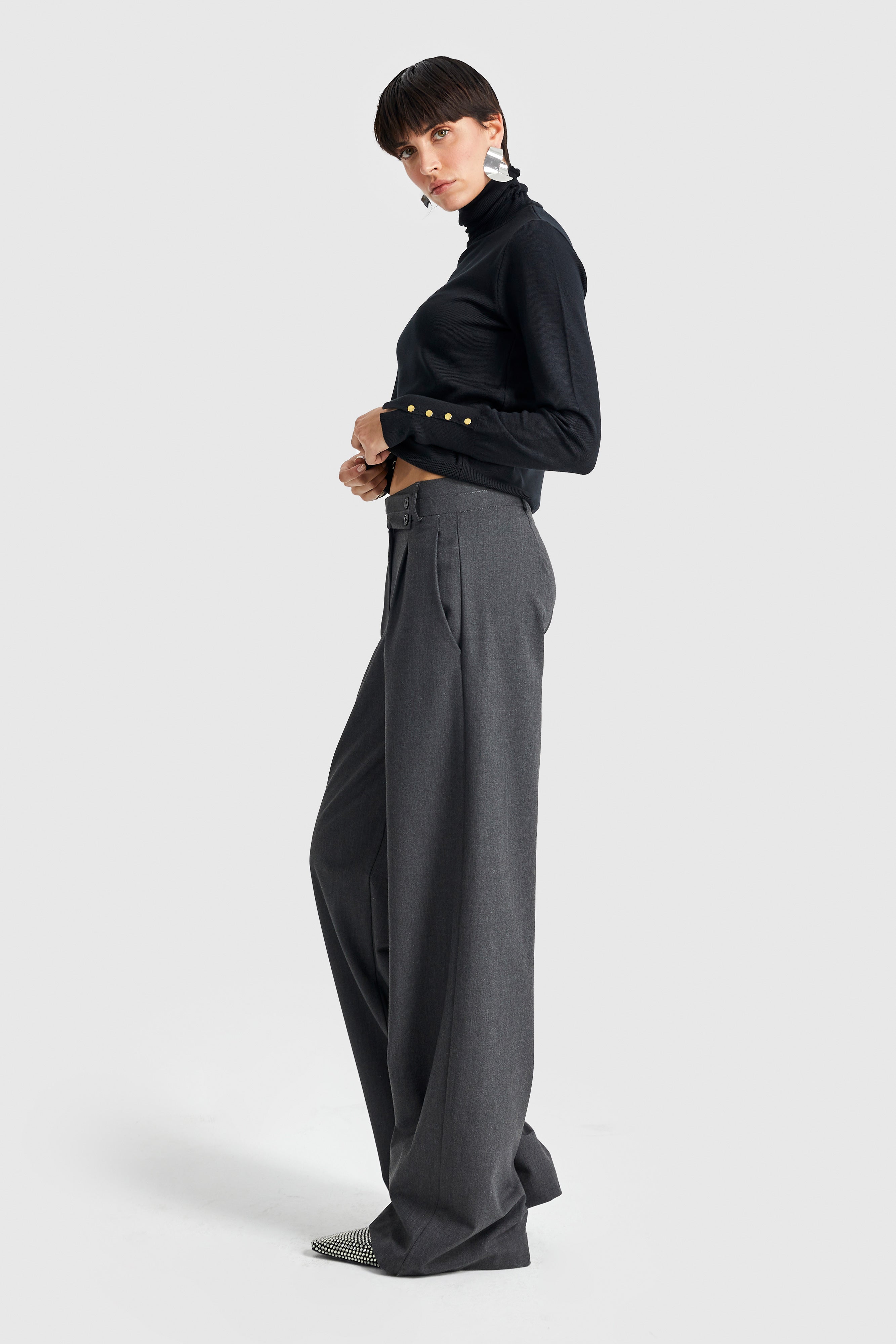 Women's Anthracite Color Belt Detailed Palazzo Fit Pleated Trousers