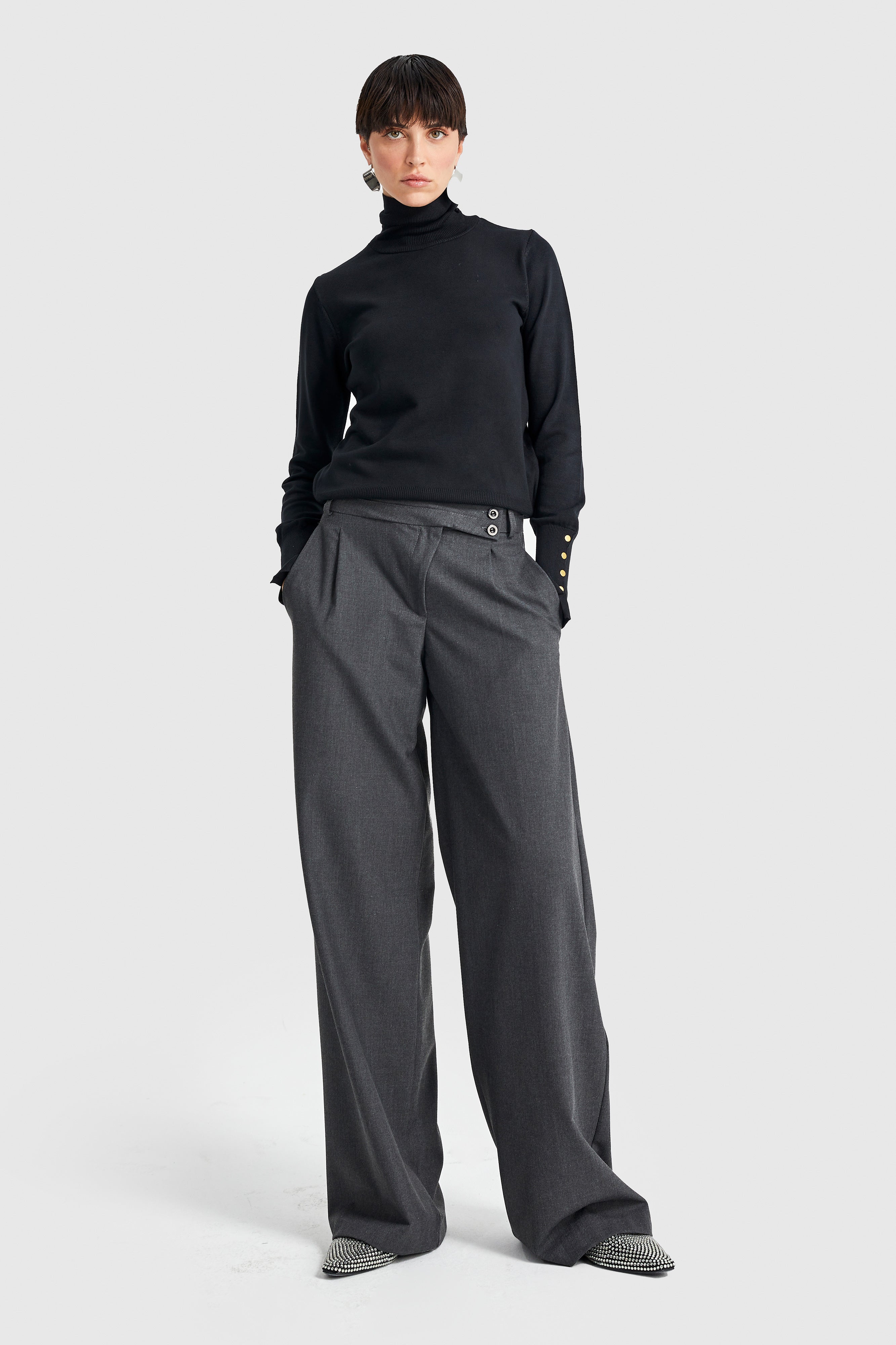Women's Anthracite Color Belt Detailed Palazzo Fit Pleated Trousers