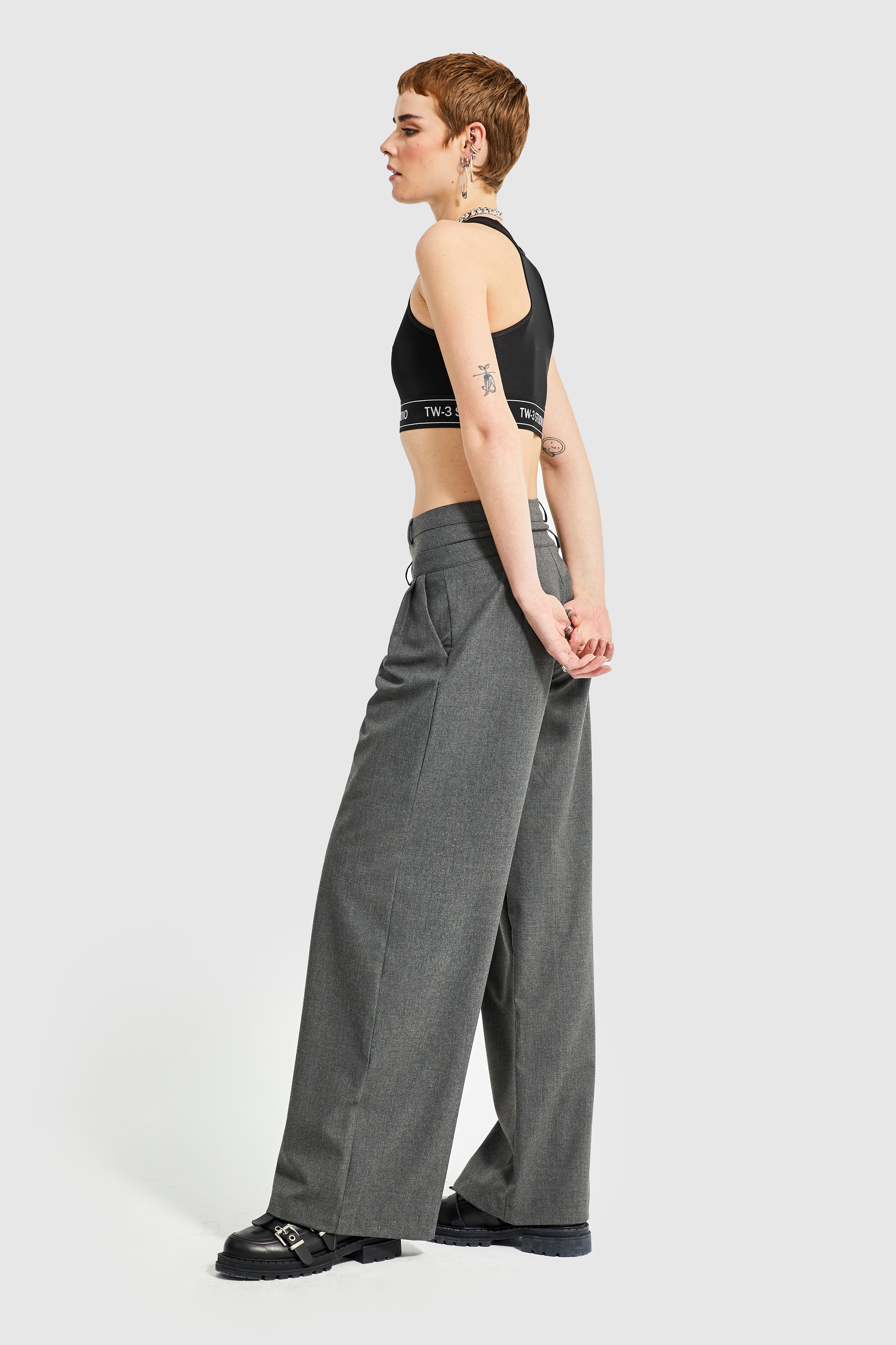 Women's Anthracite Color Palazzo Fit Double Belt Trousers