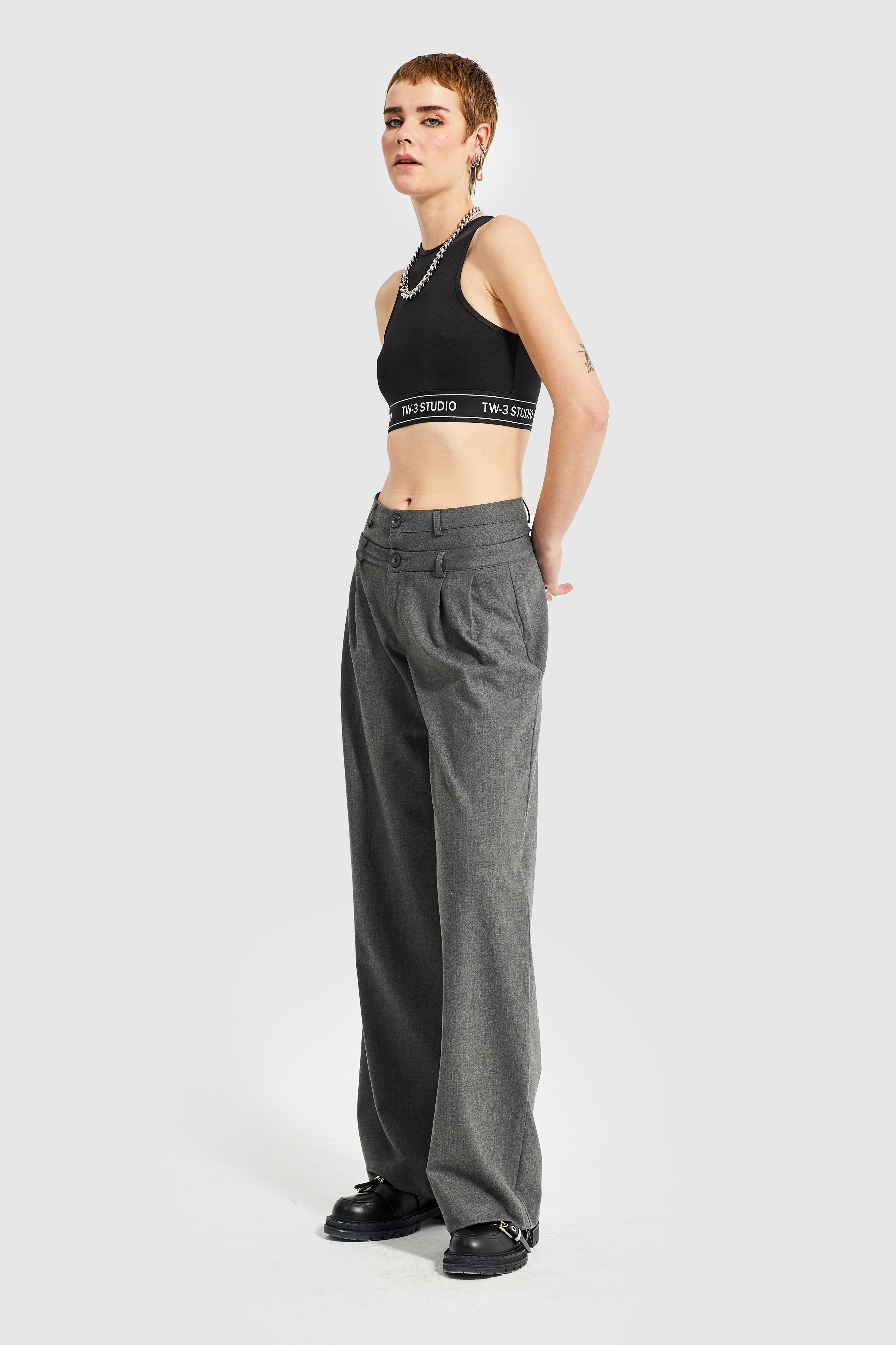 Women's Anthracite Color Palazzo Fit Double Belt Trousers
