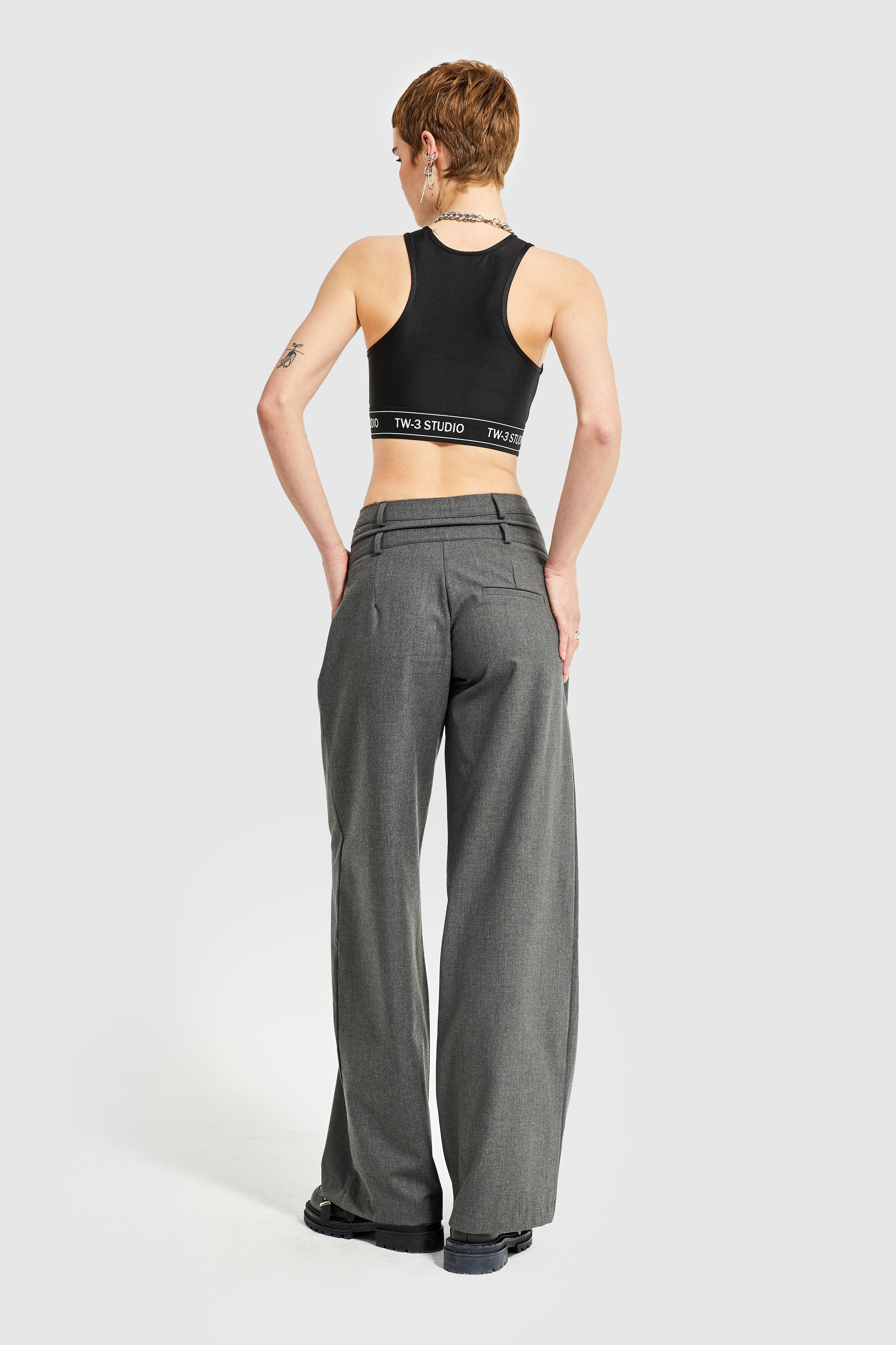 Women's Anthracite Color Palazzo Fit Double Belt Trousers