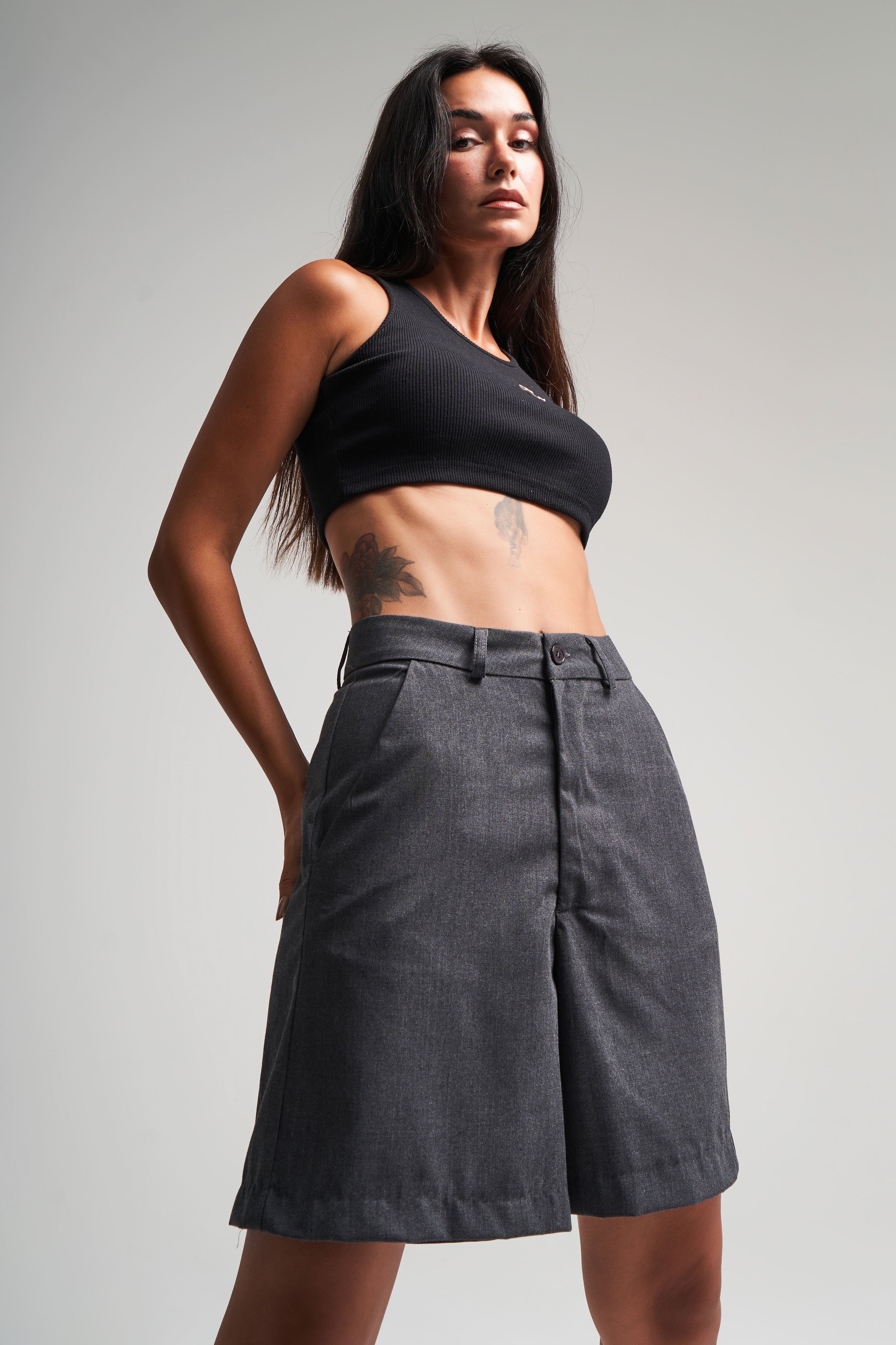 Women's Anthracite Color Cotton Fabric Skater Fit Shorts