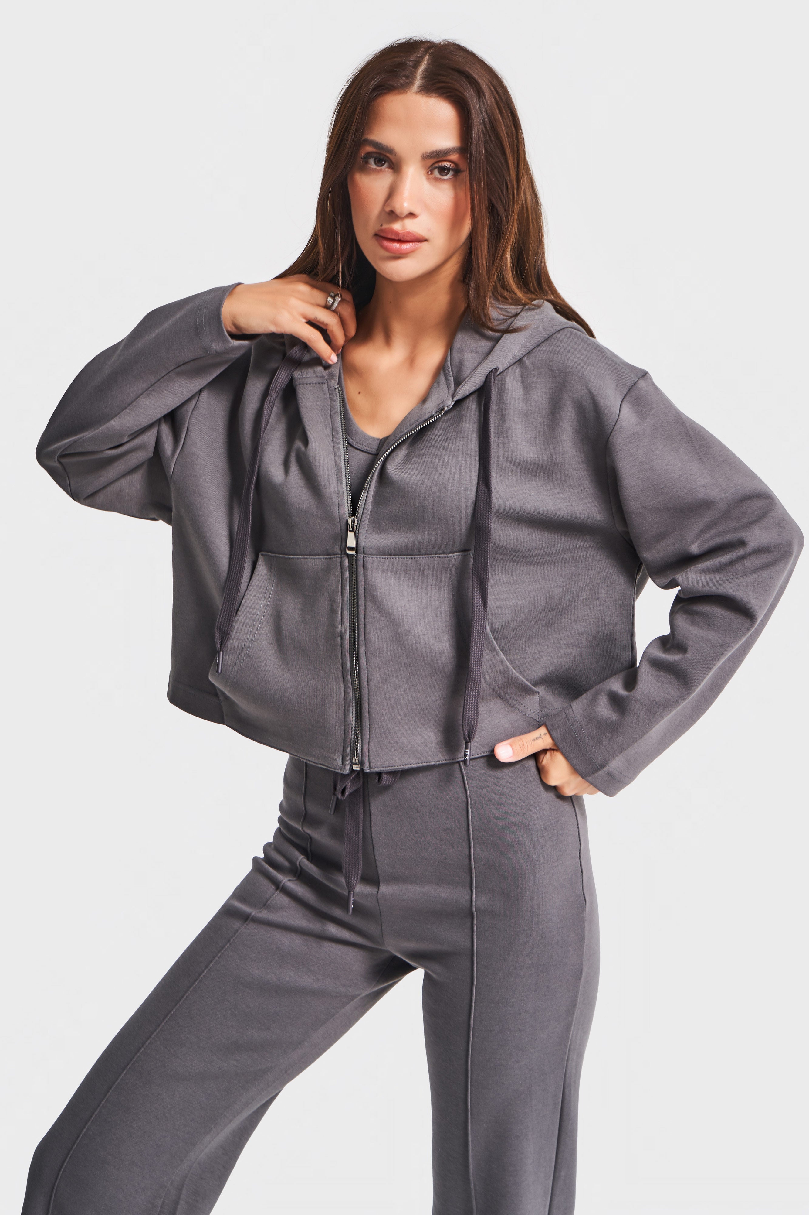 Kadın Antrasit Renk w5-45 Örme Kumaş Flare Eşofman Büstiyer ve Fermuarlı Sweatshirt 3'lü Kombin Takım